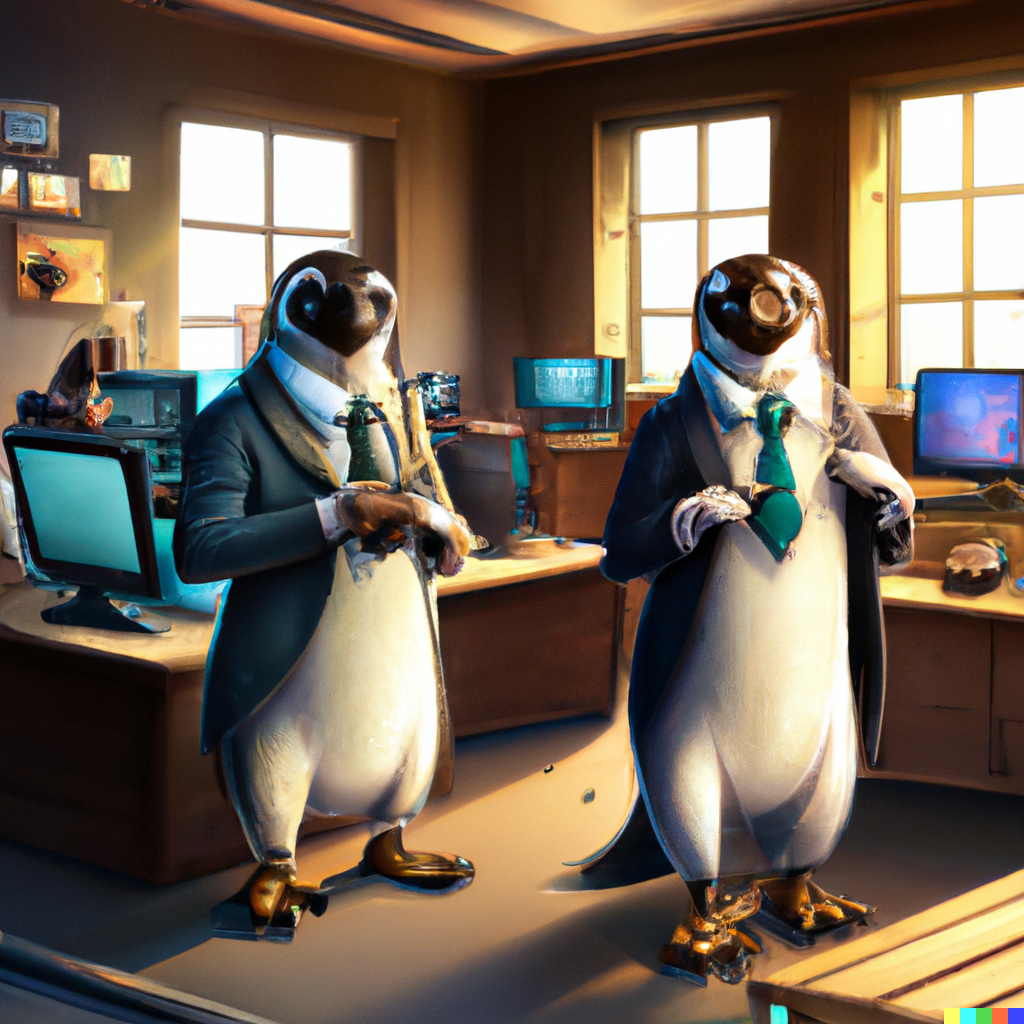 DALL·E 2022-12-16 19.03.53 - a high quality photo of two pinguins dressed in suits in an office in front of computers talking on the phone, digital art .png