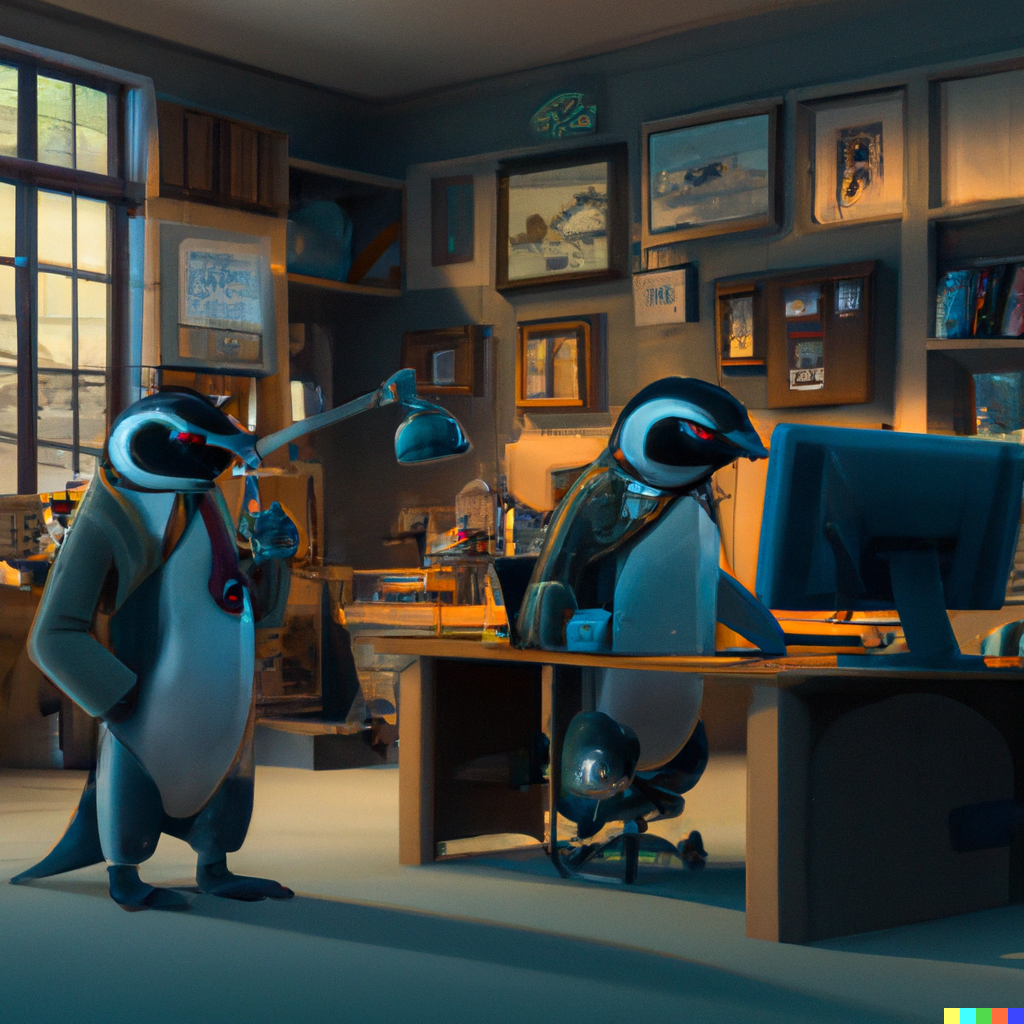 DALL·E 2022-12-16 19.03.55 - a high quality photo of two pinguins dressed in suits in an office in front of computers talking on the phone, digital art .png