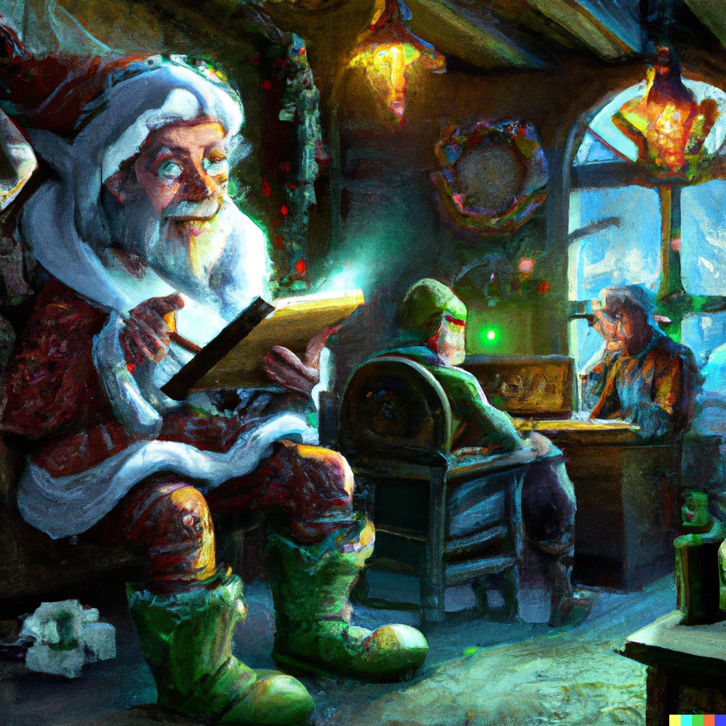 DALL·E 2022-12-22 13.03.07 - a high-quality painting of Santa Clause coding with his elves in his workshop in the North Pole, digital art .png