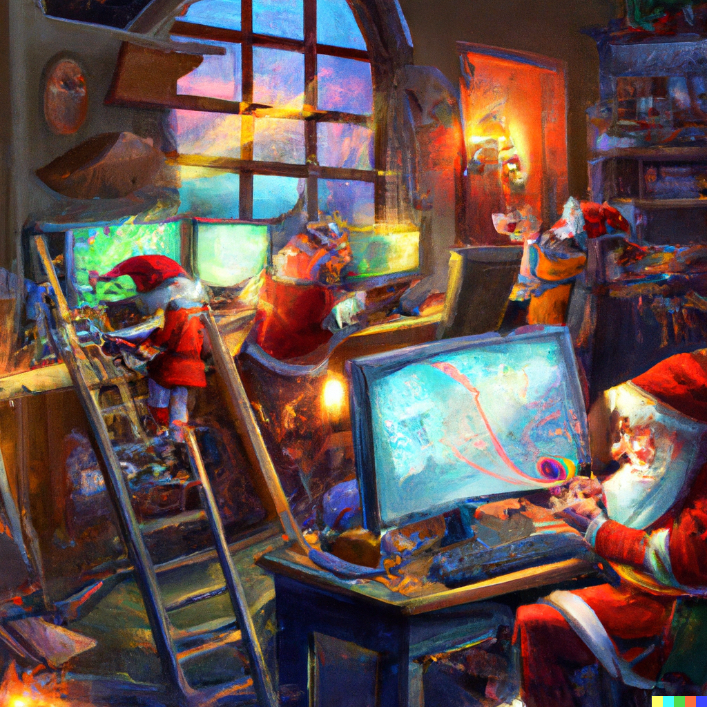 DALL·E 2022-12-22 13.03.02 - a high-quality painting of Santa Clause coding with his elves in his workshop in the North Pole, digital art .png