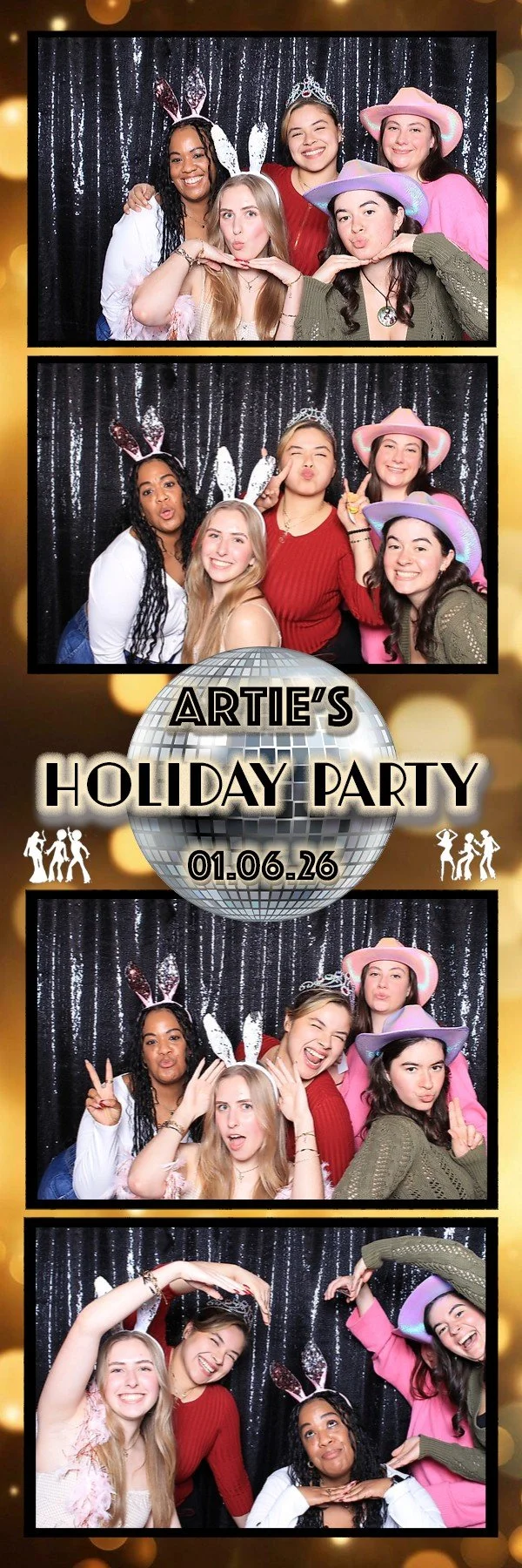 Disco-themed company holiday party photo booth at Artie's in Maplewood NJ