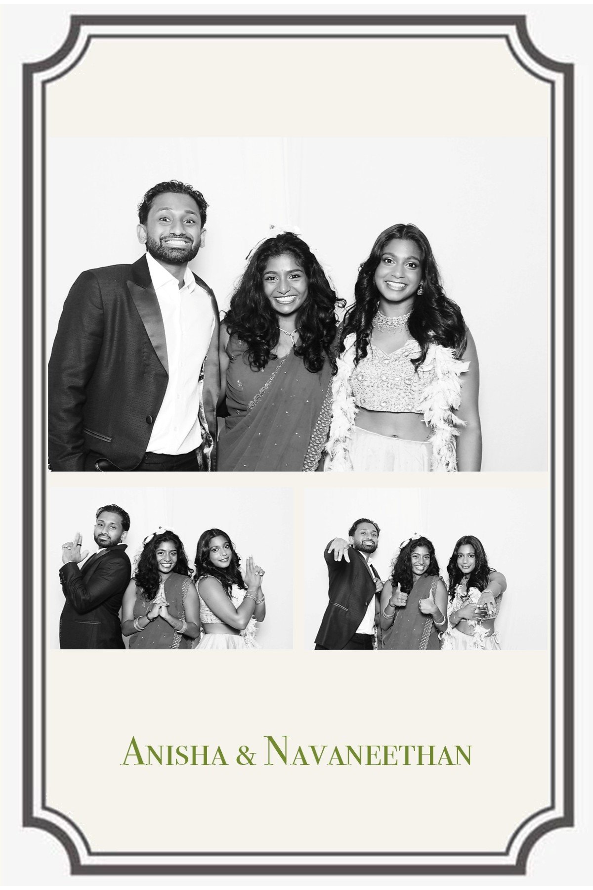 Bride and groom posing in a black-and-white photo booth