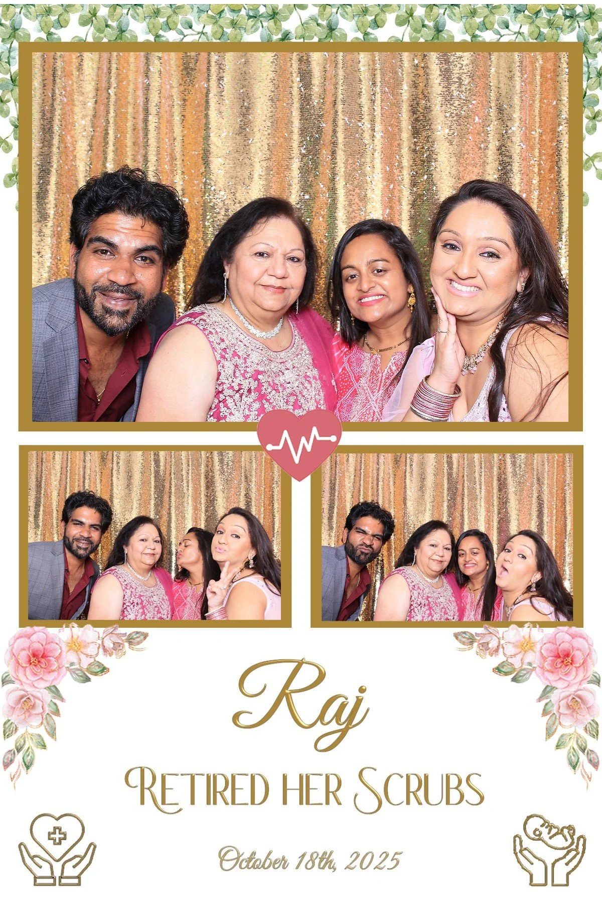 Retired nurse celebrating with Indian family and friends in a photo booth in NJ