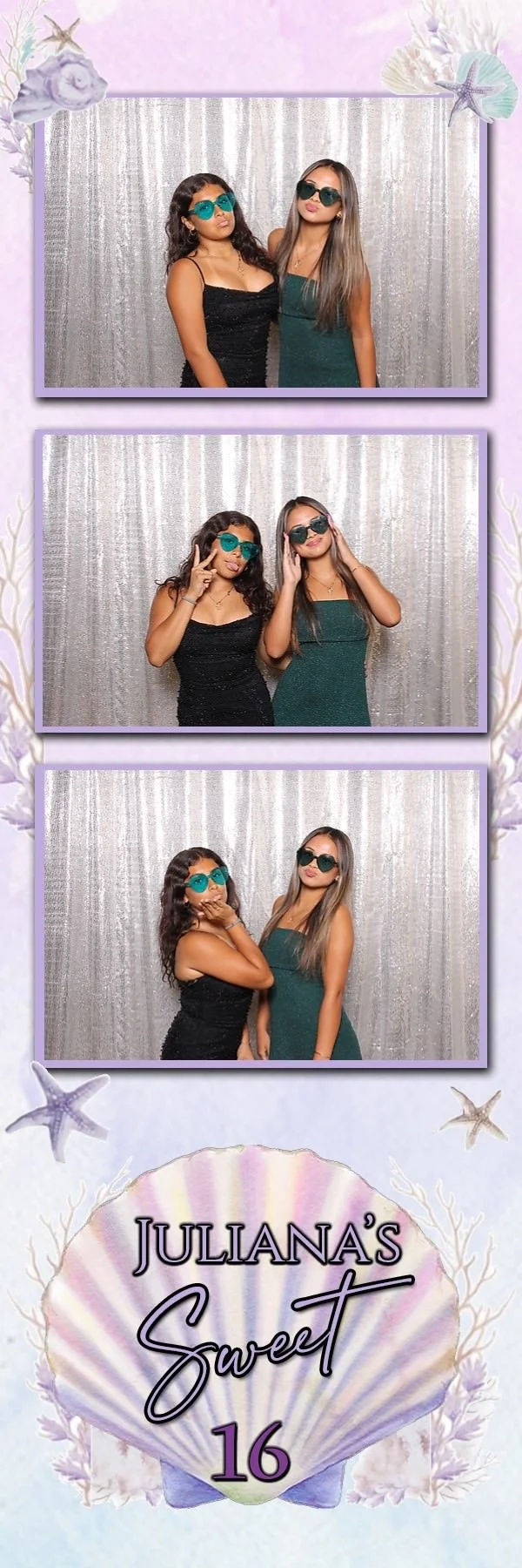 Sweet 16 guests posing with props in front of a silver sequin backdrop