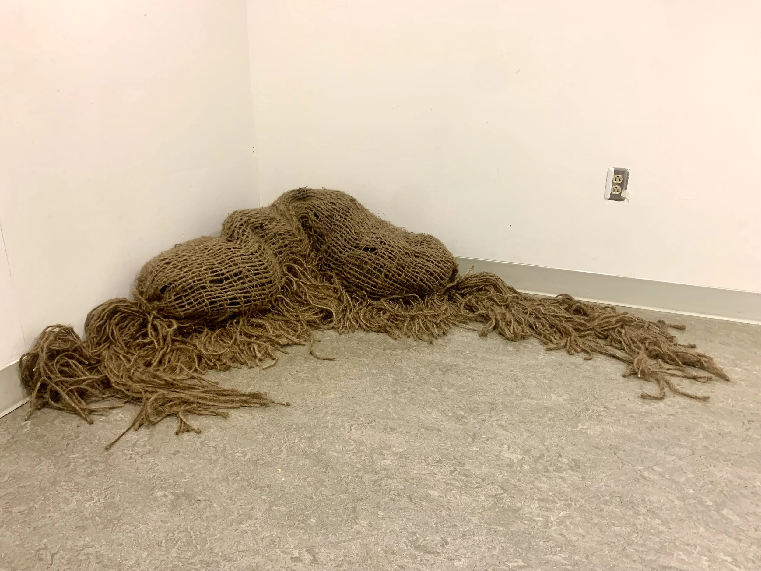 Milan Warner, If I lay here long enough, 2022
jute netting, various recycled fabric, 84" x 24" x 24", NFS