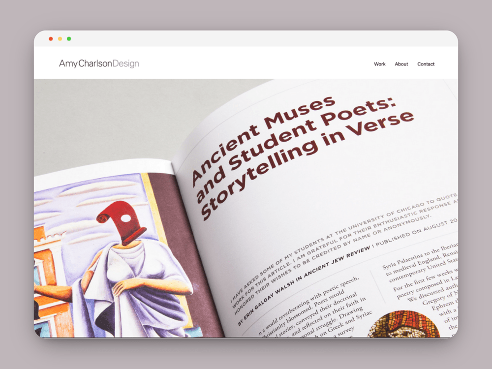 Open magazine or book featuring an article titled "Ancient Muses and Student Poets: Storytelling in Verse" with an illustration of a figure with a red mask and white robe, alongside some decorative design elements.