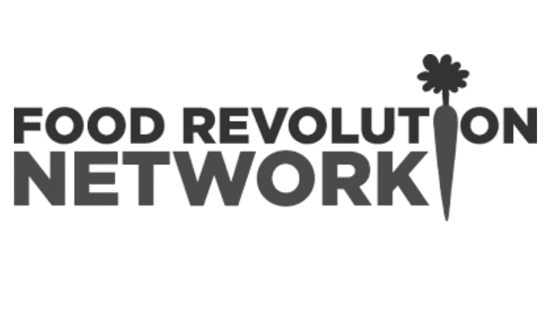 Logo for Food Revolution Network with bold text and a sprouting plant symbol.