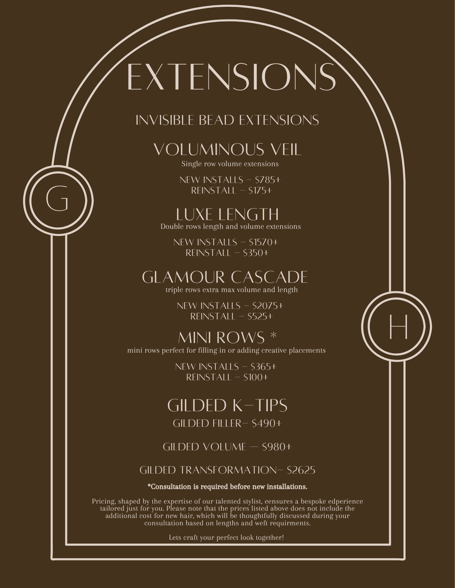 A brown and white informational flyer listing hair extension services and prices, including invisible bead extensions, voluminoous veil, luxe length, glamour cascade, and mini rows.