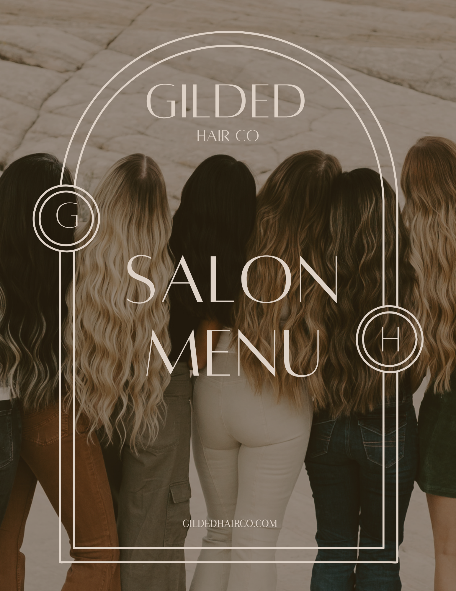 People with long, wavy, blonde, brown, and black hair standing with their backs to the camera, showcasing various hair colors and styles, with a salon menu overlay.