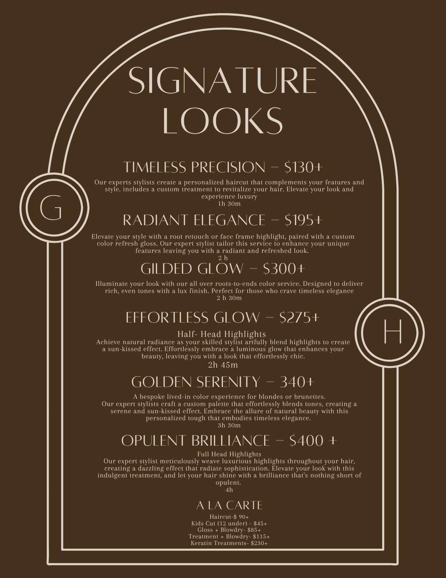 Luxury hair salon menu featuring various hair styling and coloring services with descriptions and prices.
