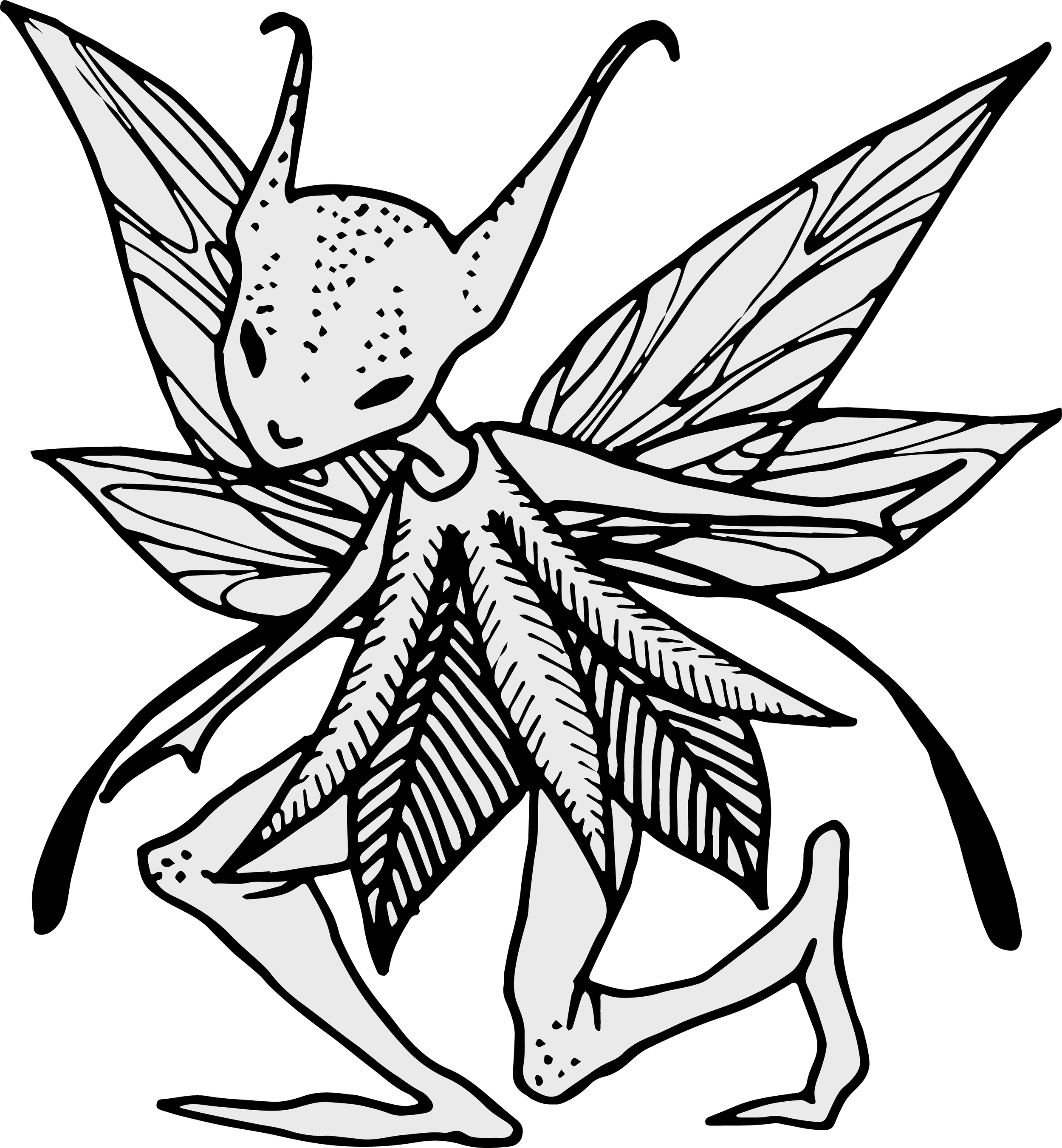 A black and white illustration of a humanoid frog with insect wings and a leaf on its back, crouching on the ground.