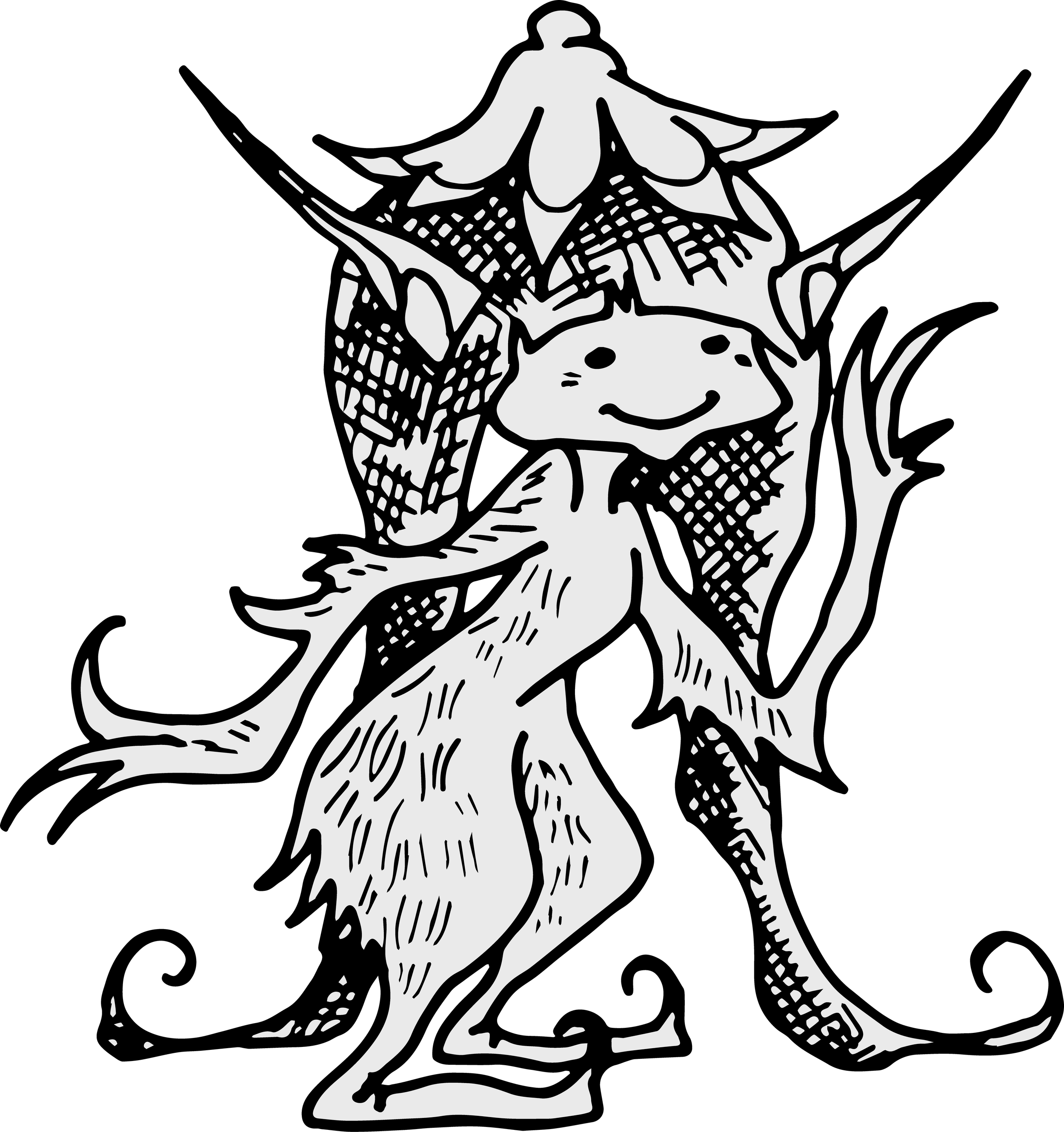 A black and white line drawing of a creature with a smiling face, holding a sword with a dragon-like figure in the background.