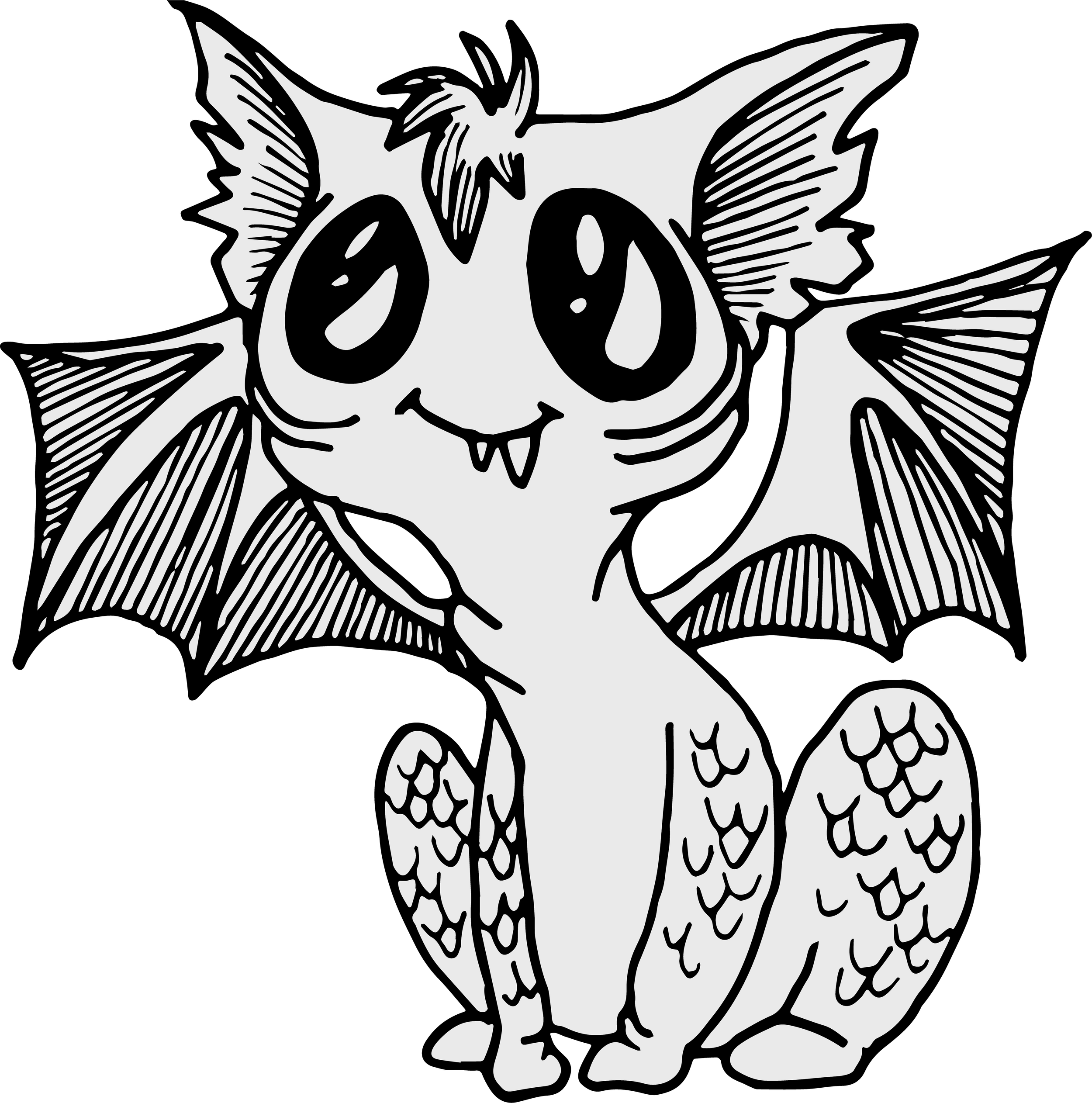 Black and white cartoon illustration of a cute hybrid creature with the body of a snake, dragon-like wings, a cat-like head with large eyes, pointed ears, small fangs, and a tuft of hair on top.