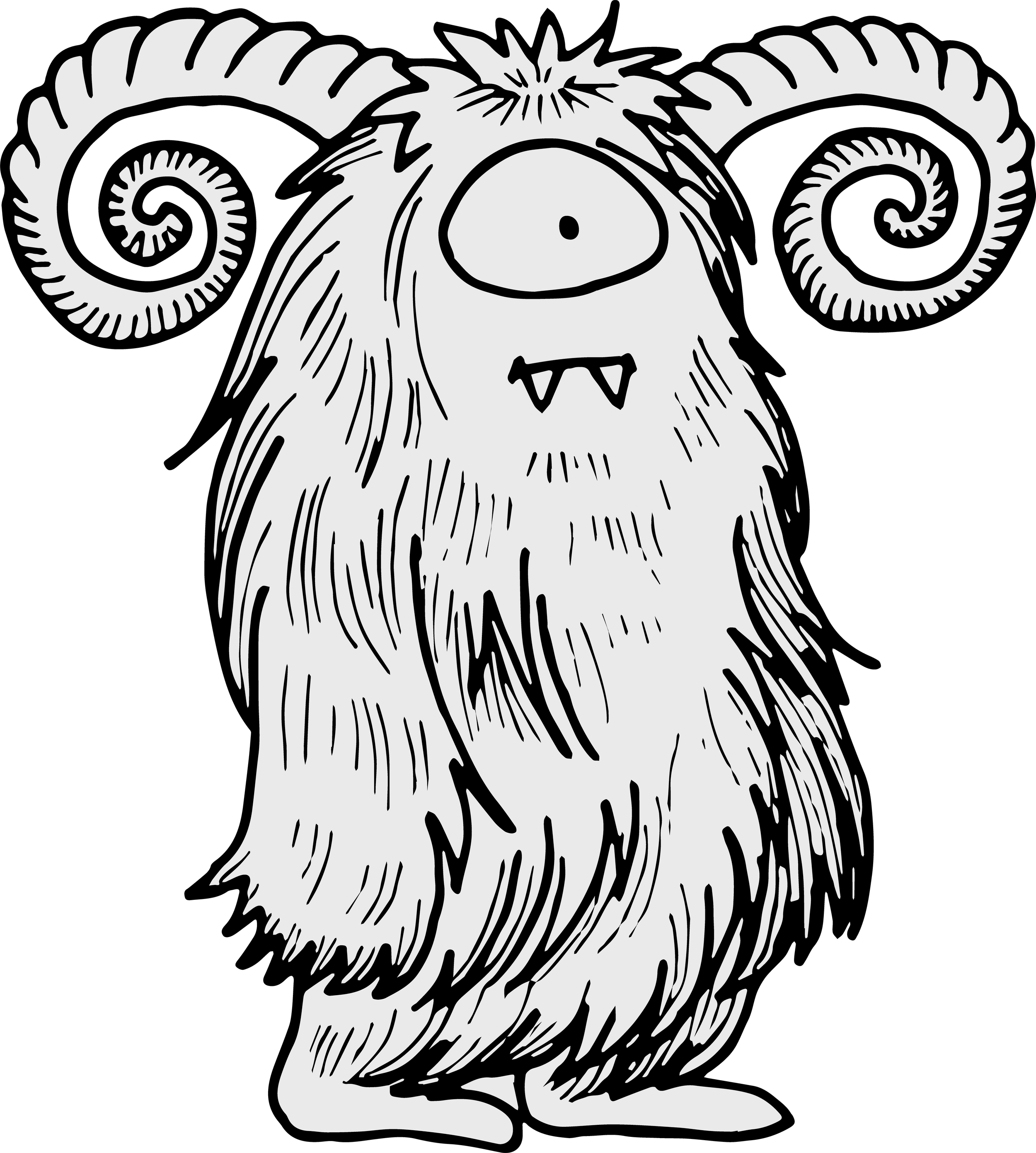 A black and white cartoon drawing of a monster with one eye, sharp teeth, fluffy fur, and spiral-shaped ears, set against a black background.