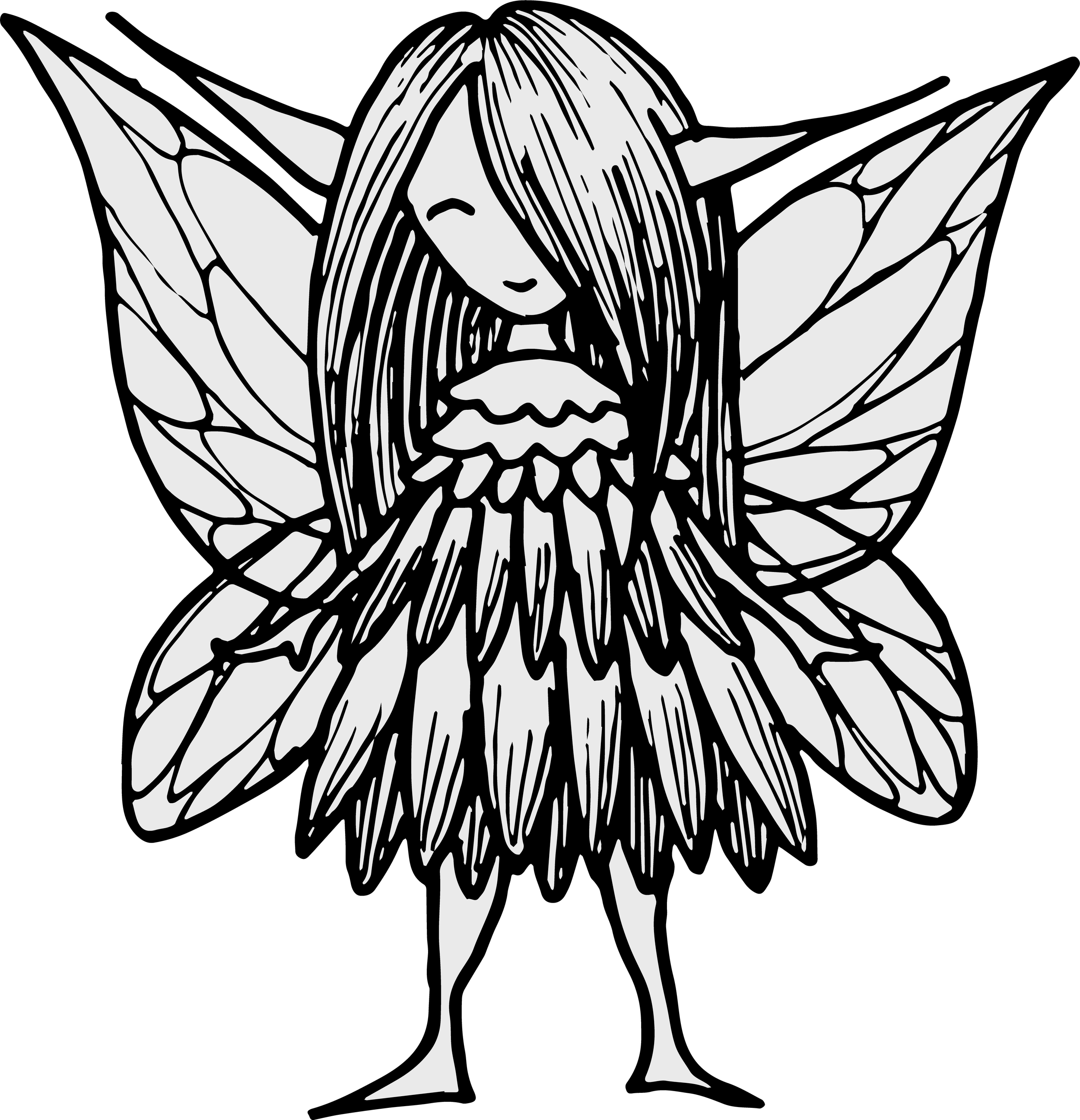 Black and white drawing of a fairy with long hair, large wings, and a flower in her hand, standing with one foot slightly forward.