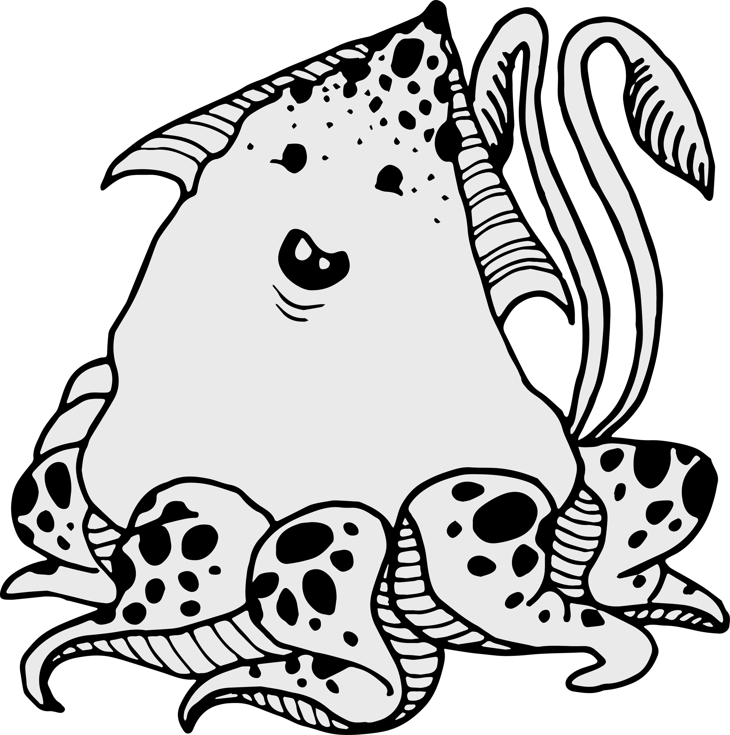 Black and white illustration of an octopus with a small fish on its head, surrounded by underwater plants and objects.