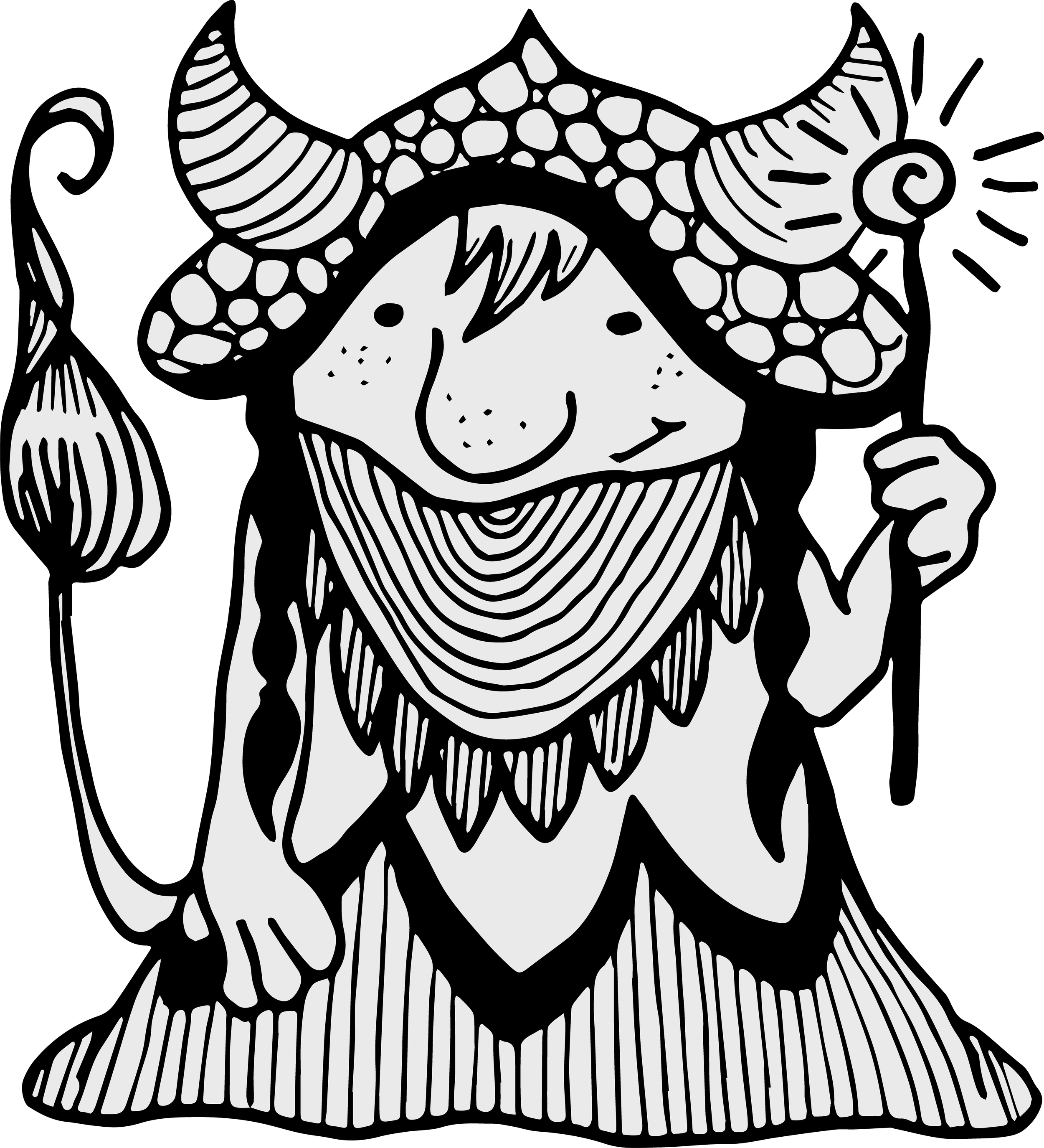 Black and white illustration of a character with a large nose, a beard, and a hat with horns.
