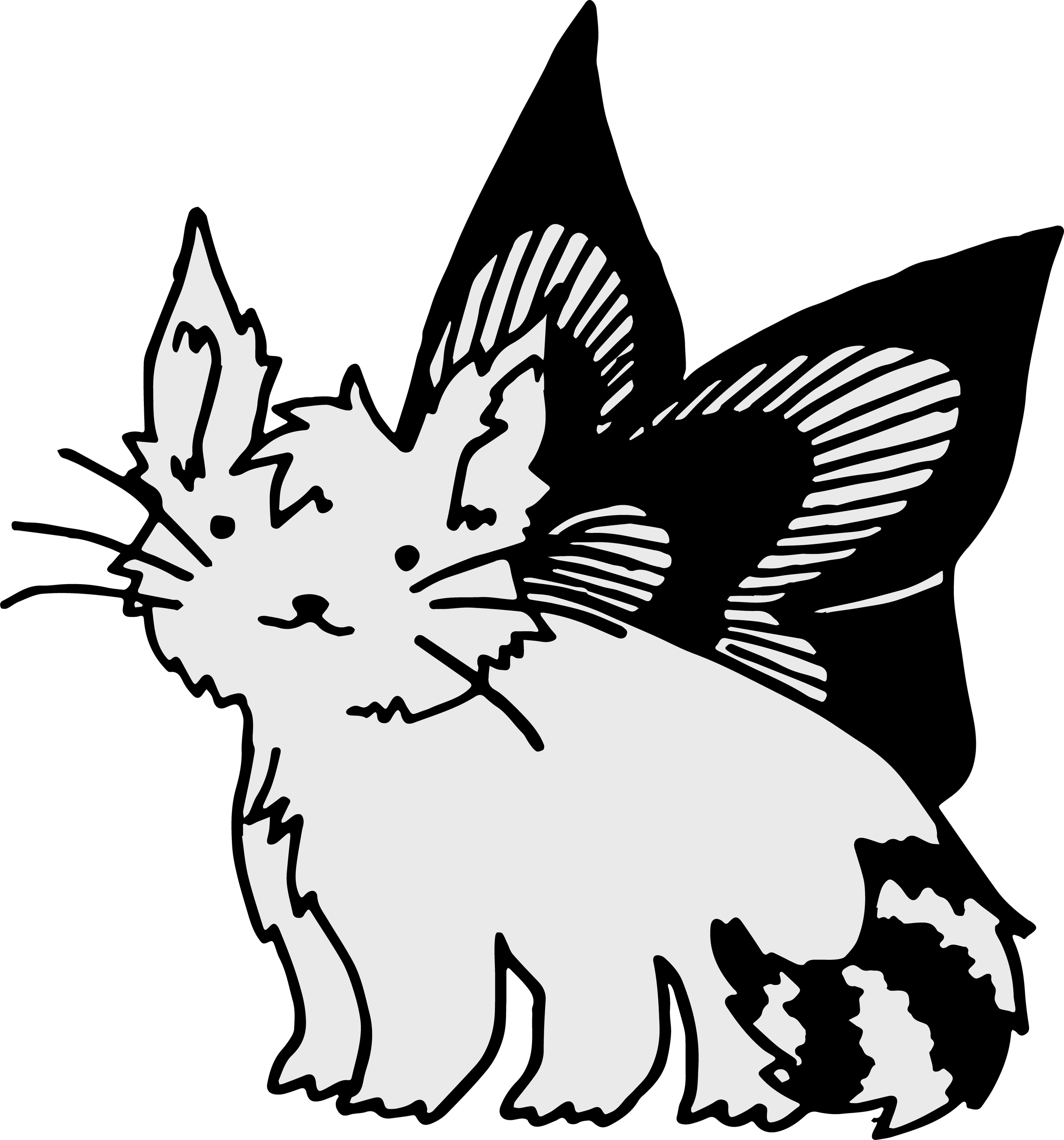 A black and white line drawing of a small, furry cat with large ears and a fluffy tail, with a bow on its head.