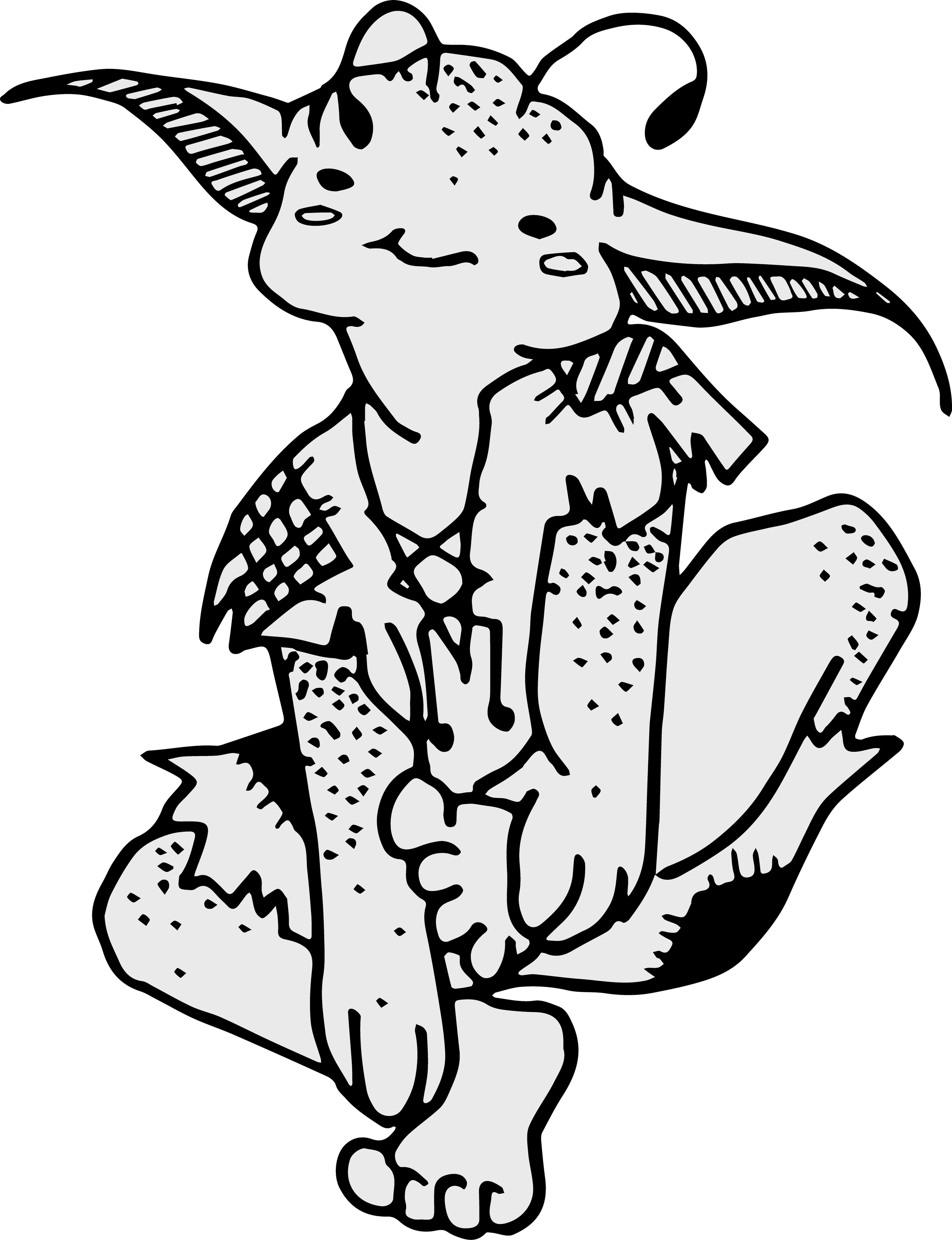 A black and white cartoon drawing of a monster with one eye, sharp teeth, fluffy fur, and spiral-shaped ears, set against a black background.