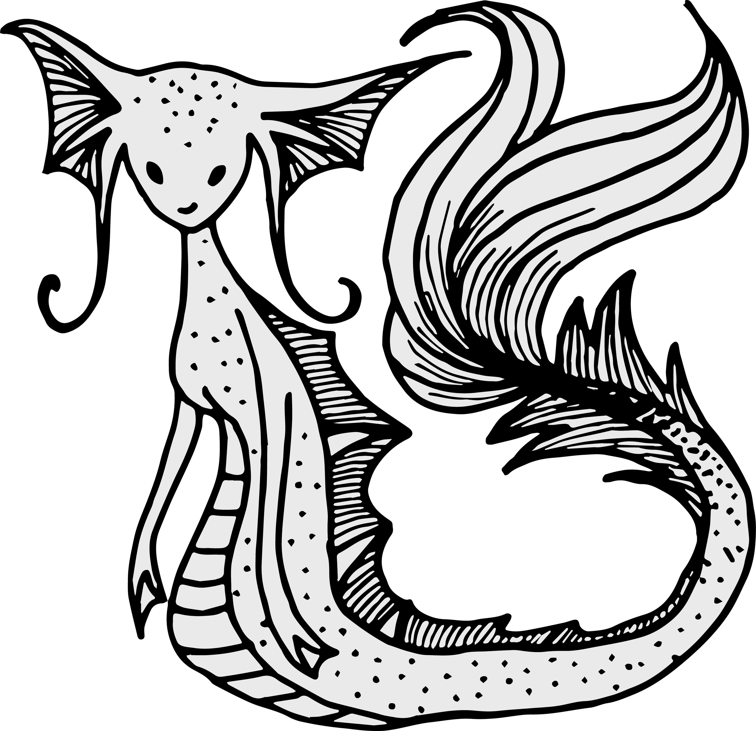 A black and white line drawing of a creature with a smiling face, holding a sword with a dragon-like figure in the background.