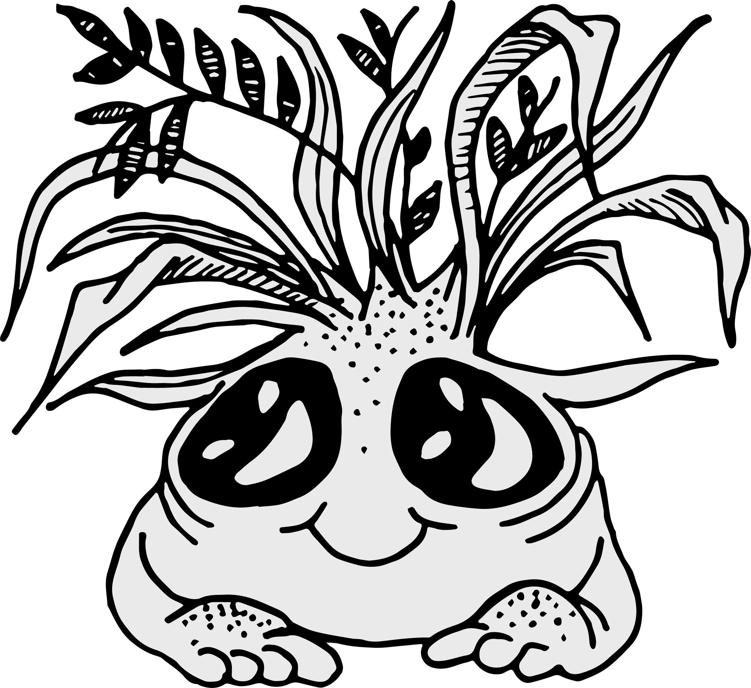A black and white stylized illustration of a chameleon with its body and tail curled underneath, and large, prominent eyes, surrounded by long, spiky leaves.