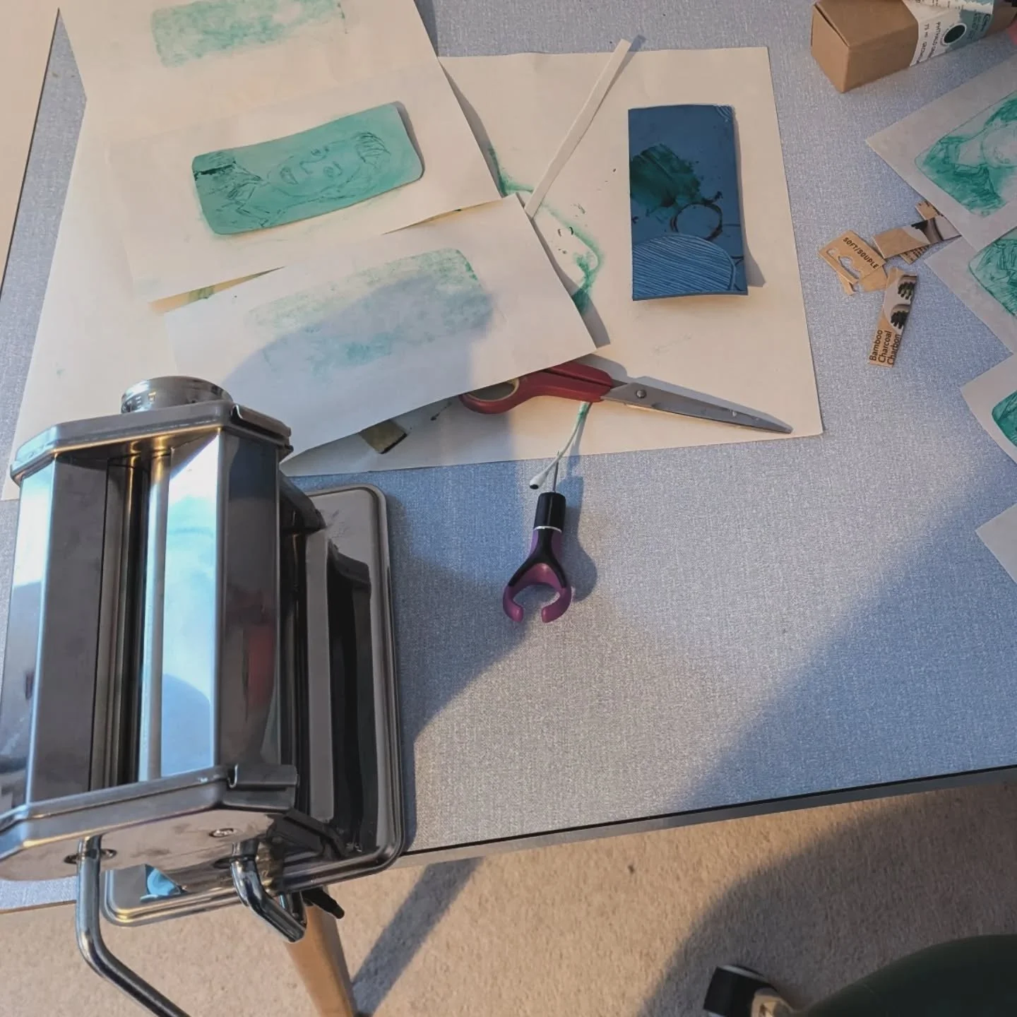 Huge ambition realised! Lesson planning for year today . Saved the best fir last - trial run printing with tetra pak card and a pasta maker. Always wanted to do this!