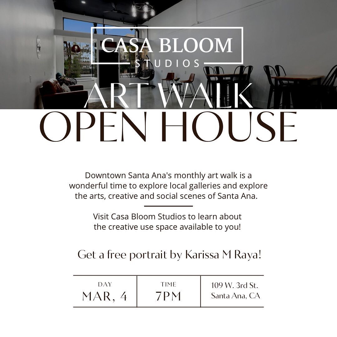 Join us a monthly open house and get a free portrait @bykarissamraya 📸 

Casa Bloom Studios is a creative space in the heart of Downtown Santa Ana. 

This multi-functional space is ready for you to reimagine.

#casabloomstudios #openhouse #creatives