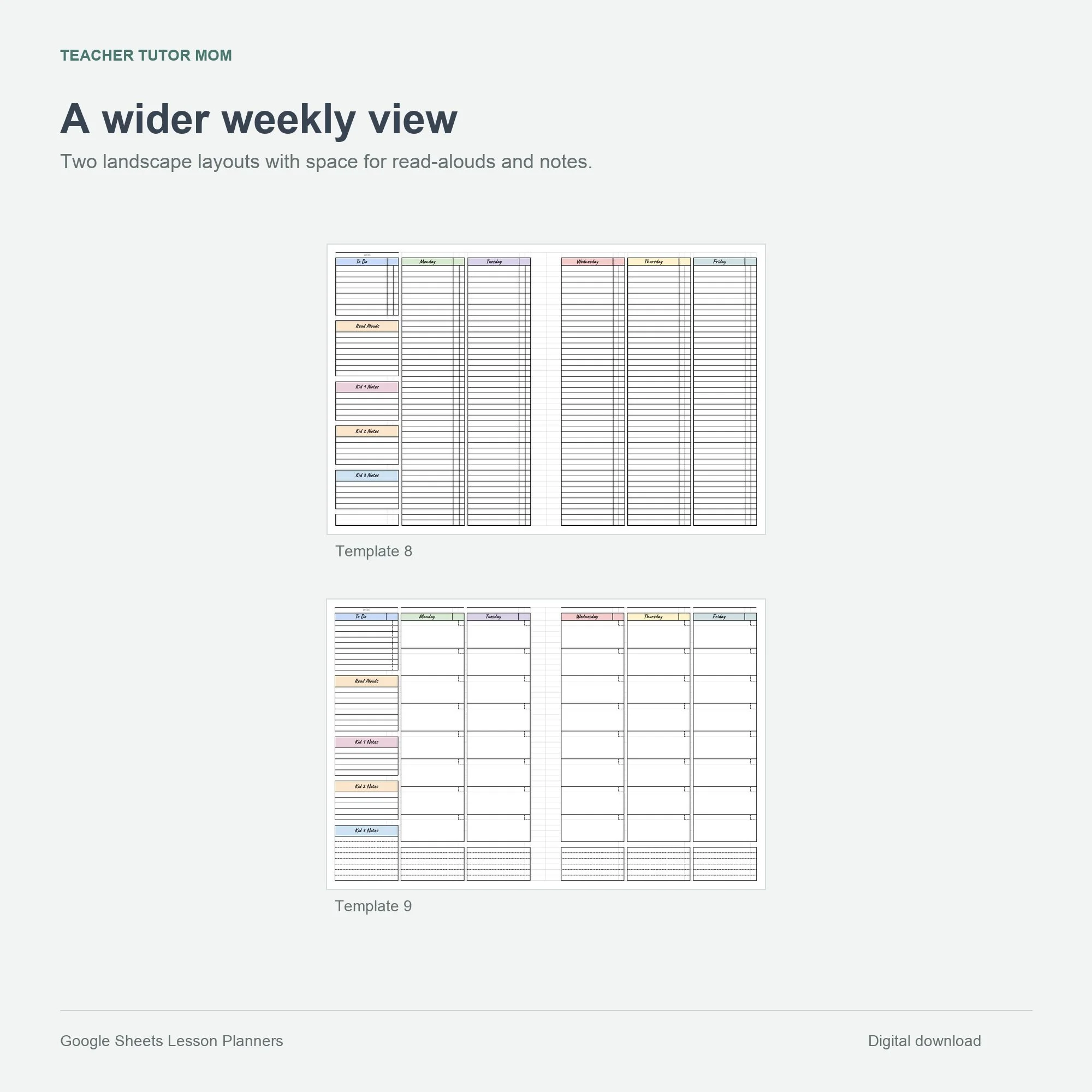 Two landscape weekly planners with spaces for read-alouds, to-dos, and children's notes.