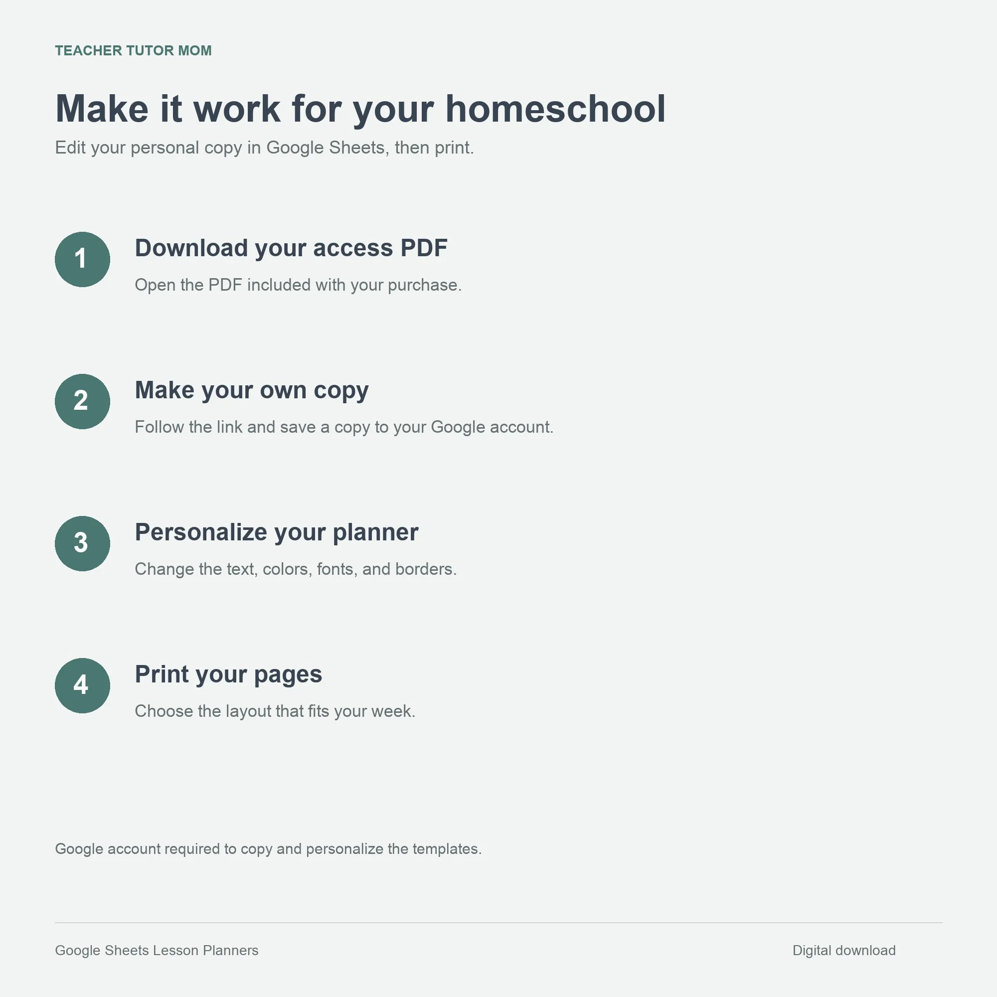 Four steps: download the access PDF, make a Google Sheets copy, personalize the planner, and print.