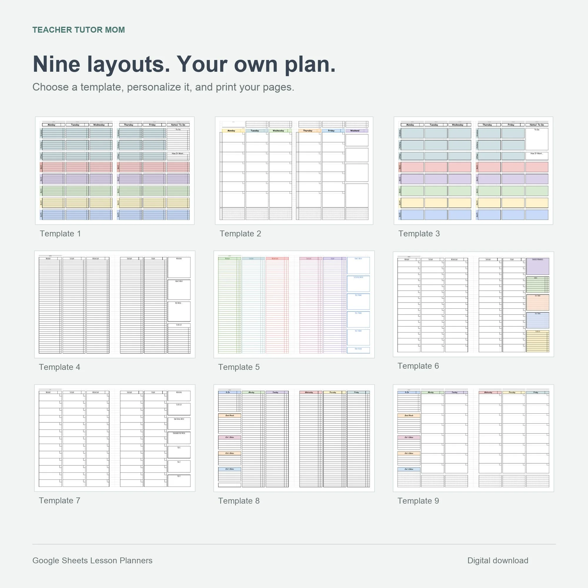 Overview of all nine editable Google Sheets weekly lesson planner layouts.