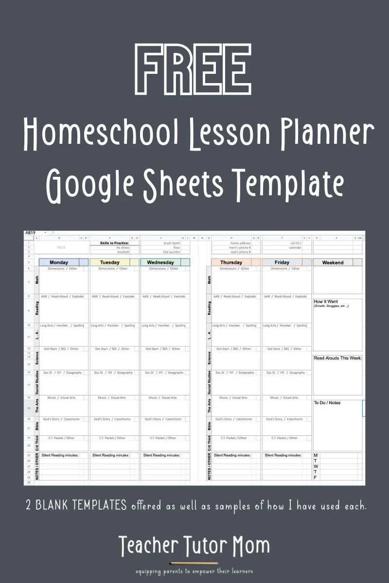 Free Homeschool Lesson Plan Template in Google Sheets. Printable Lesson  Planner. Personalize it. — Teacher Tutor Mom