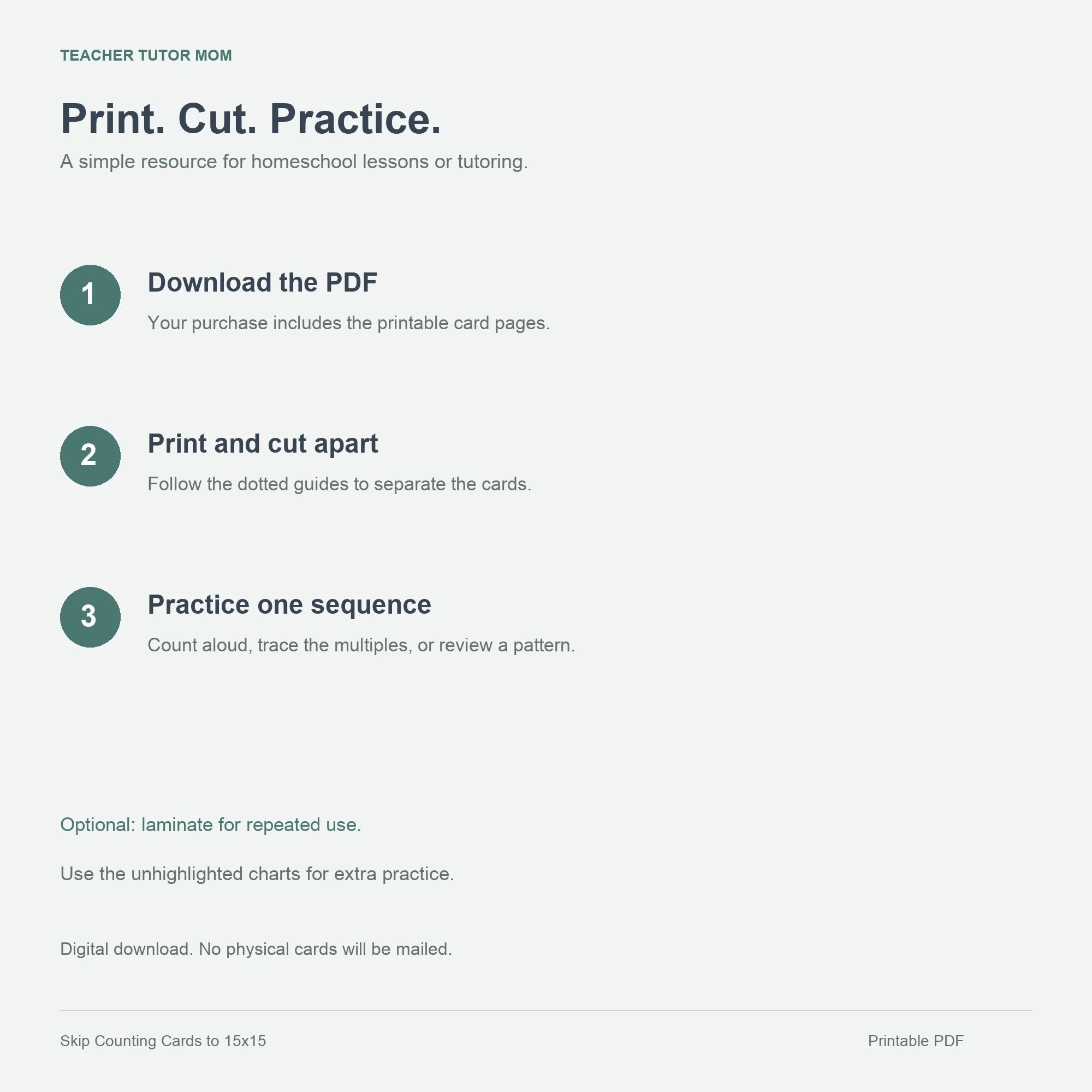 Instructions to download the skip-counting PDF, print and cut the cards, and practice one number sequence.