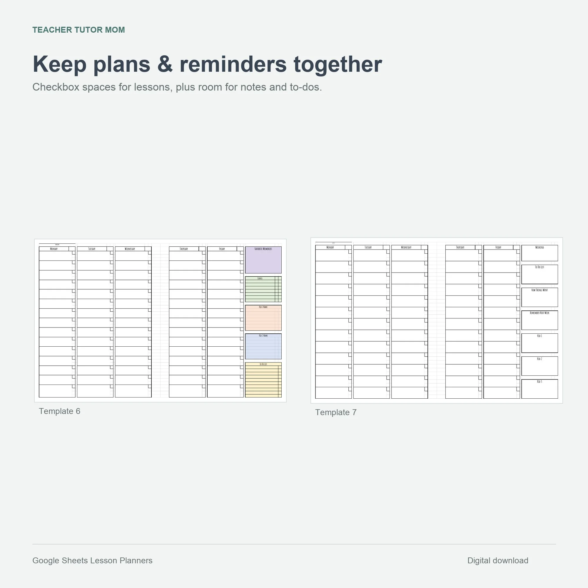 Two weekly lesson planner layouts with checkbox spaces and sections for notes and reminders.