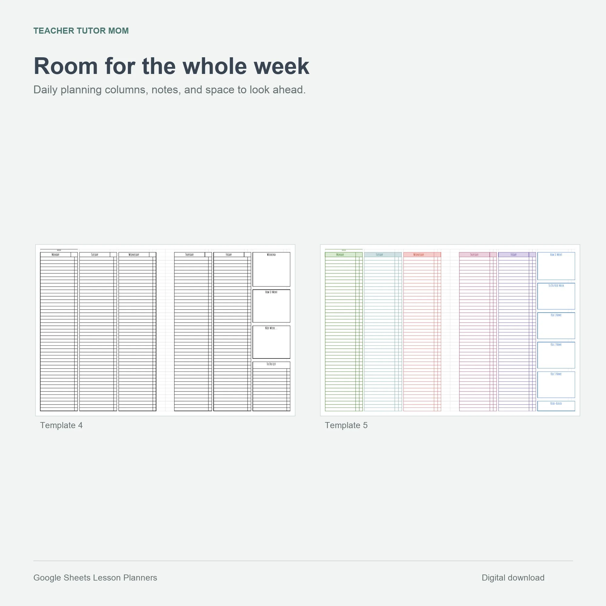 Black-and-white and colorful weekly column planners with notes and to-do spaces.