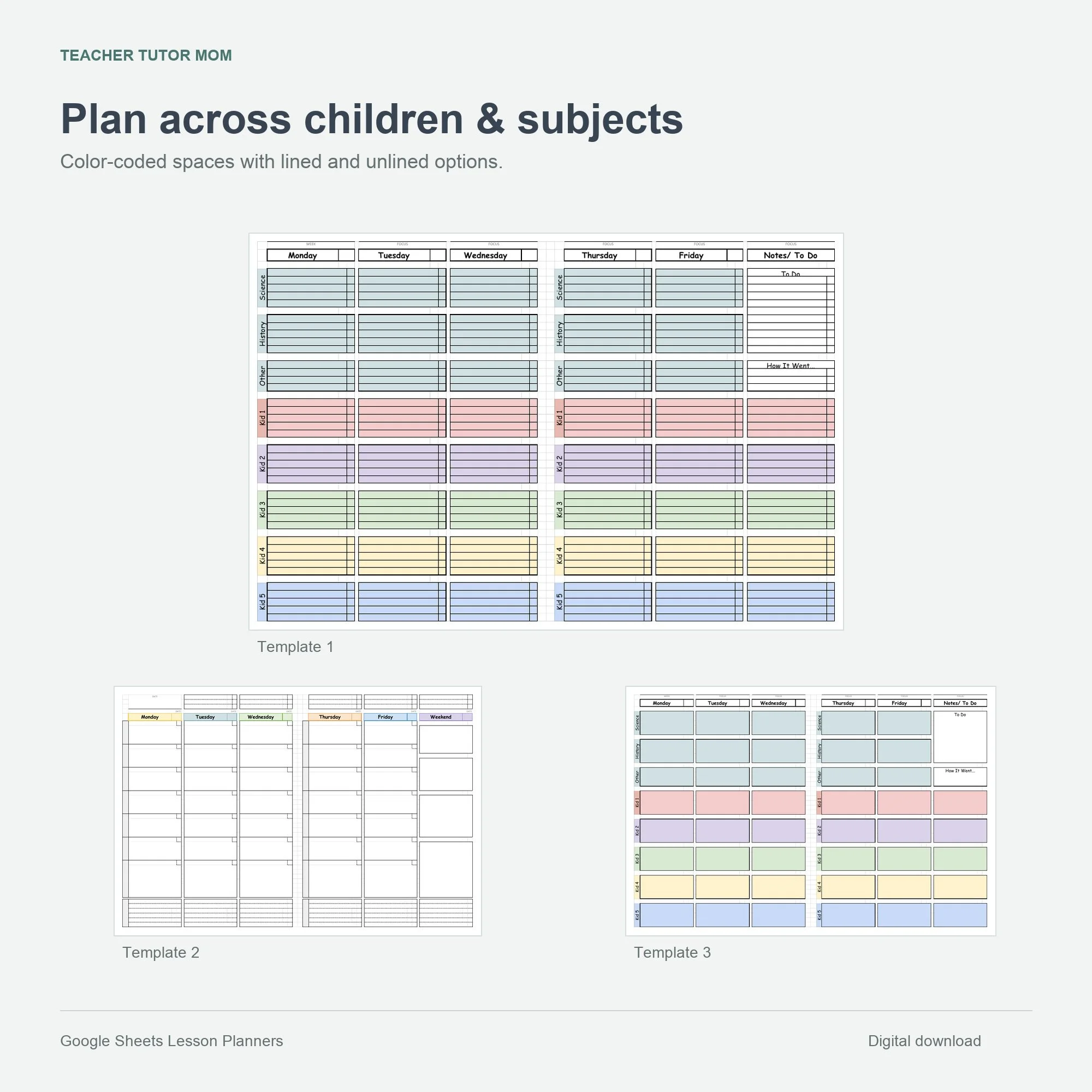 Three weekly lesson planner templates with color-coded spaces for children and subjects.