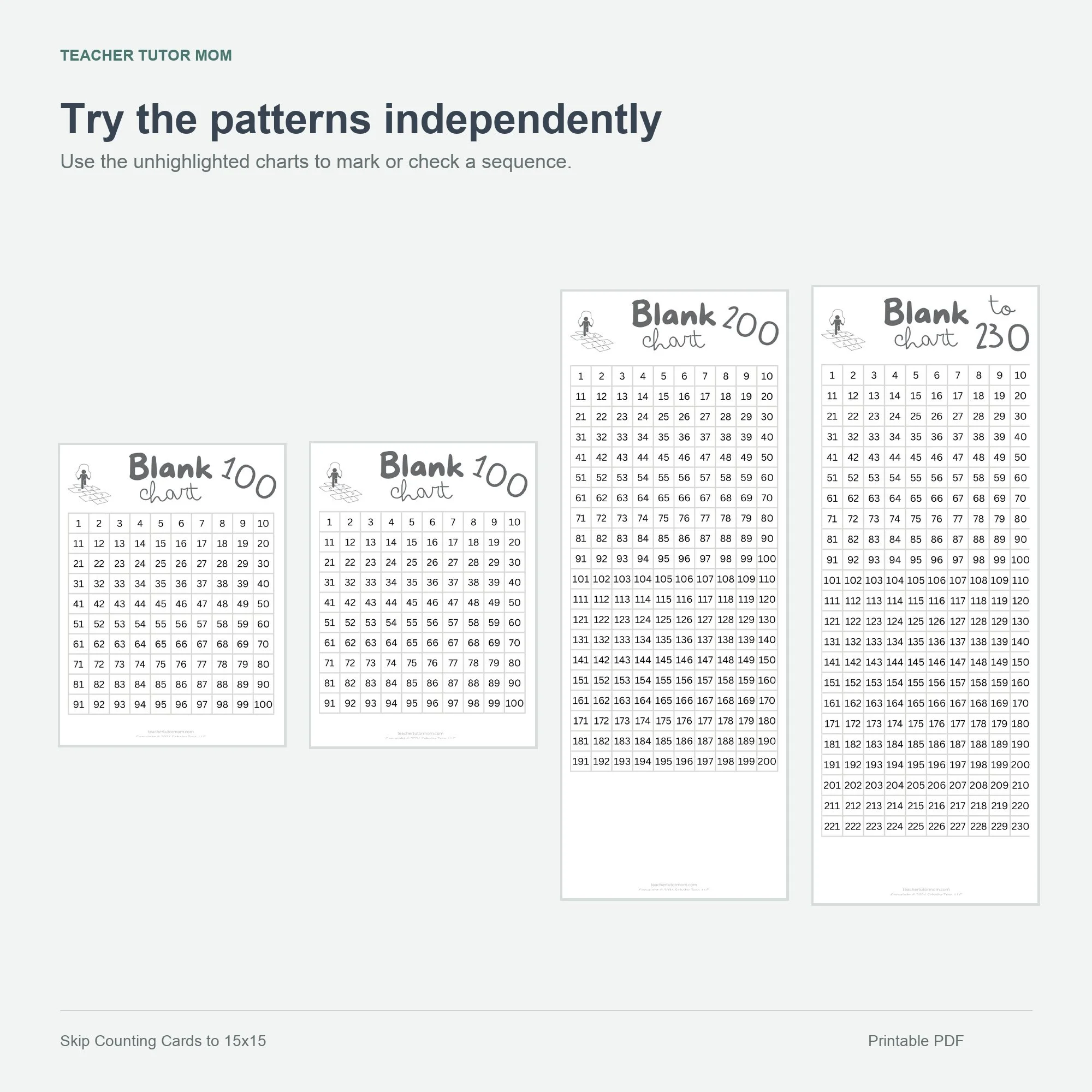 Unhighlighted numbered charts to 100, 110, 200, and 230 for practicing skip-counting patterns.