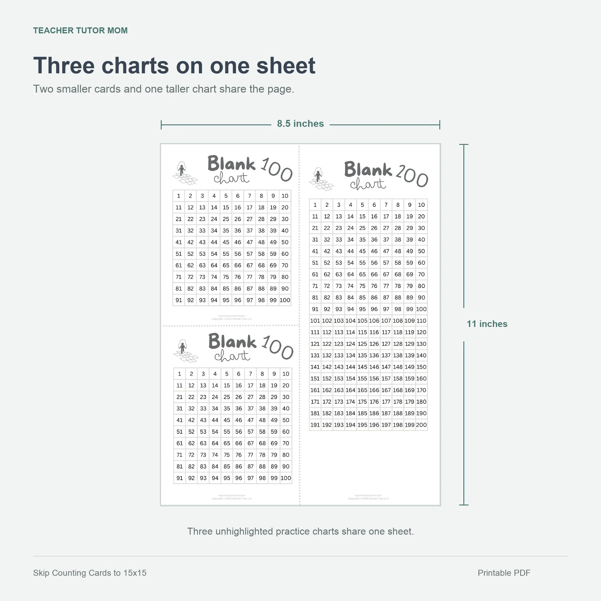Full 8.5-by-11-inch sheet with three unhighlighted practice charts to 100, 110, and 200, showing different card heights.