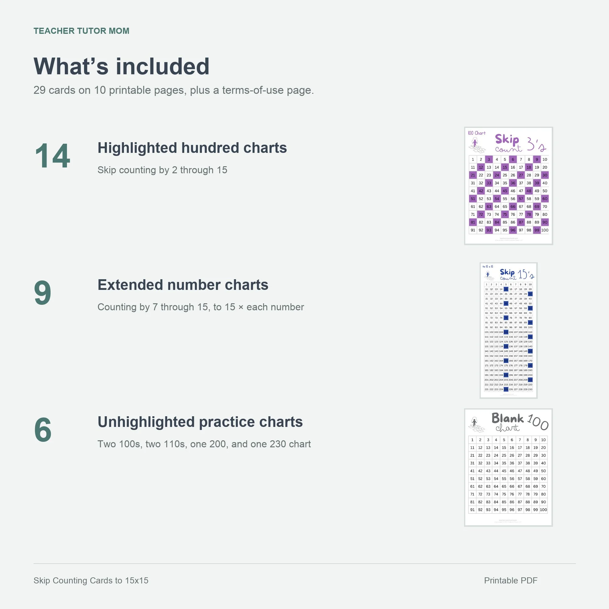 Contents of the skip-counting PDF: 14 highlighted hundred charts, nine extended charts, and six unhighlighted practice charts.