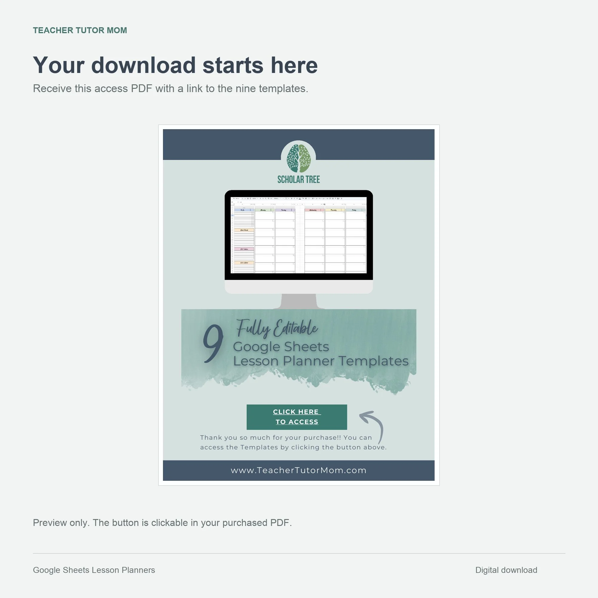 Preview of the purchased access PDF containing the button that links to the Google Sheets templates.