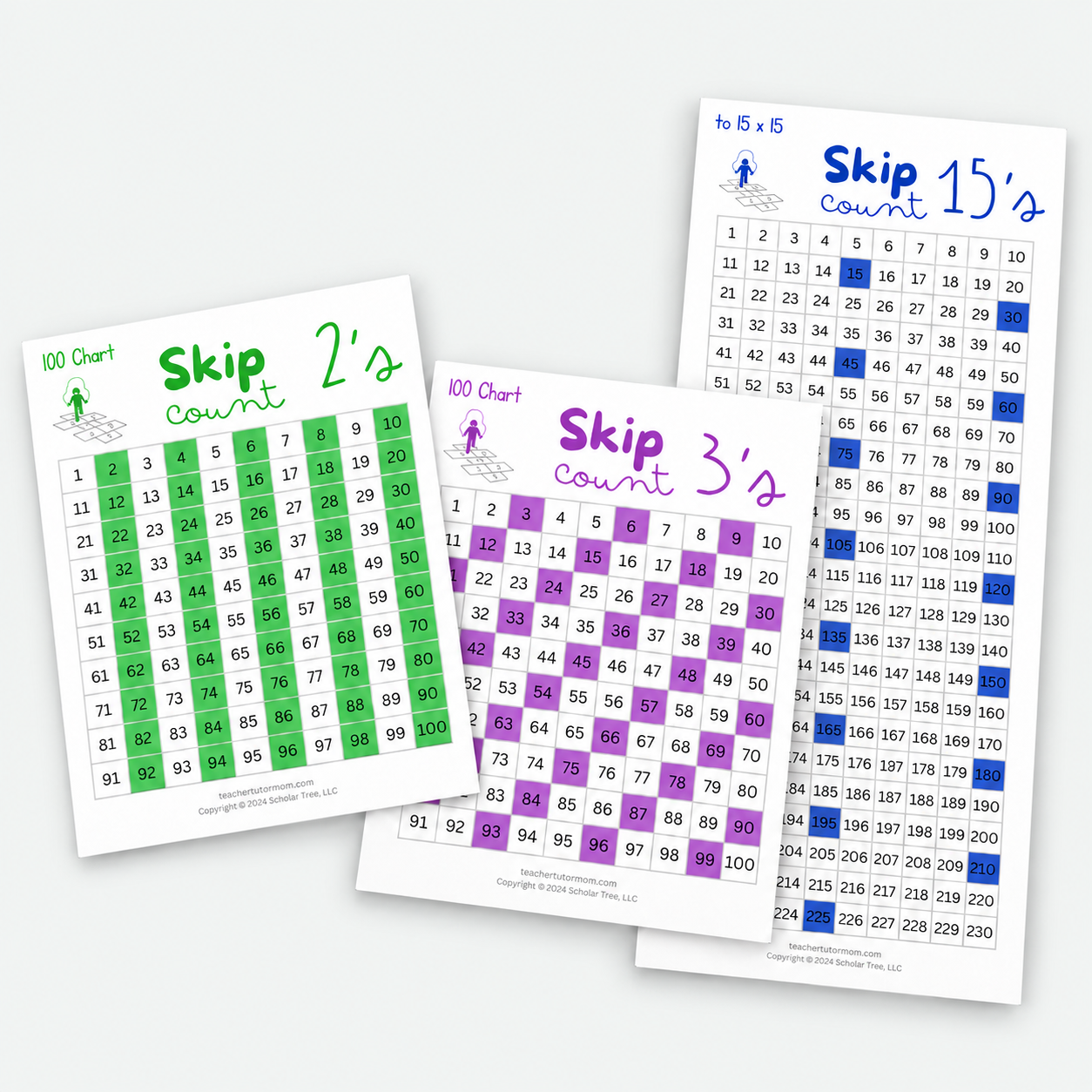 Three angled printable skip-counting cards for 2, 3, and 15 arranged on a light gray background.