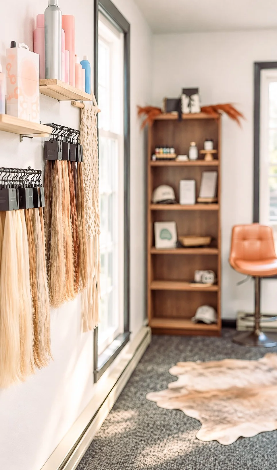 Hair extension color swatches in blonde and brunette shades on display at White Oak & Co salon studio in Byron, Illinois