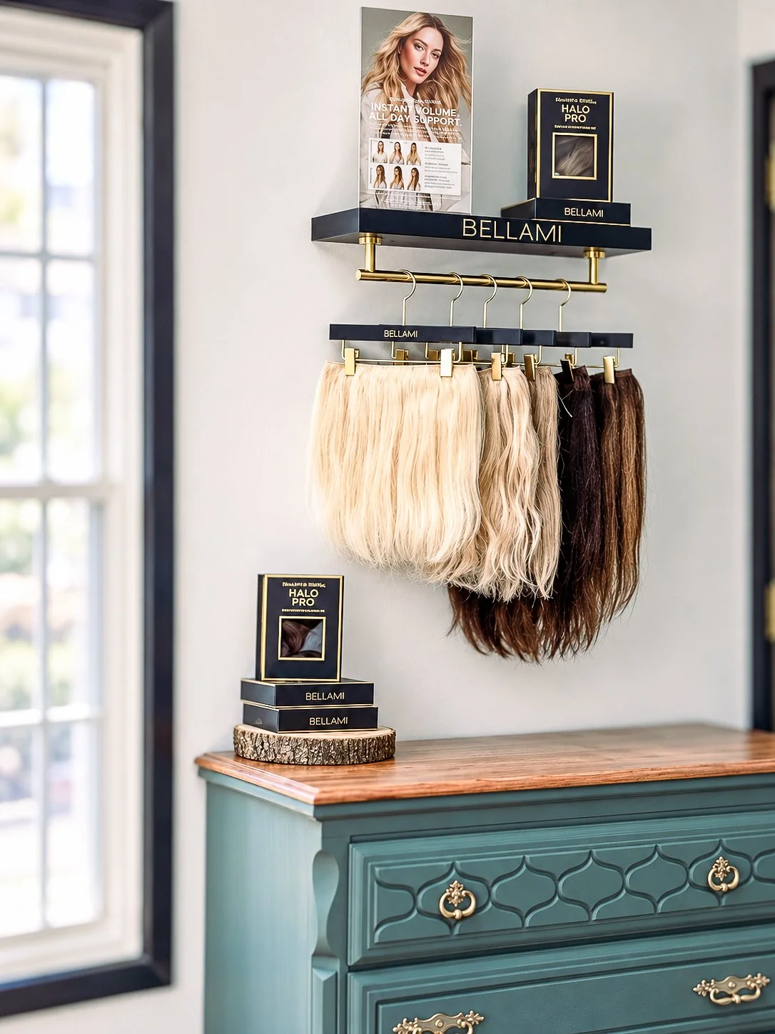 Bellami Halo Pro hair extensions displayed on a vintage teal dresser at White Oak & Co studio in Byron, IL