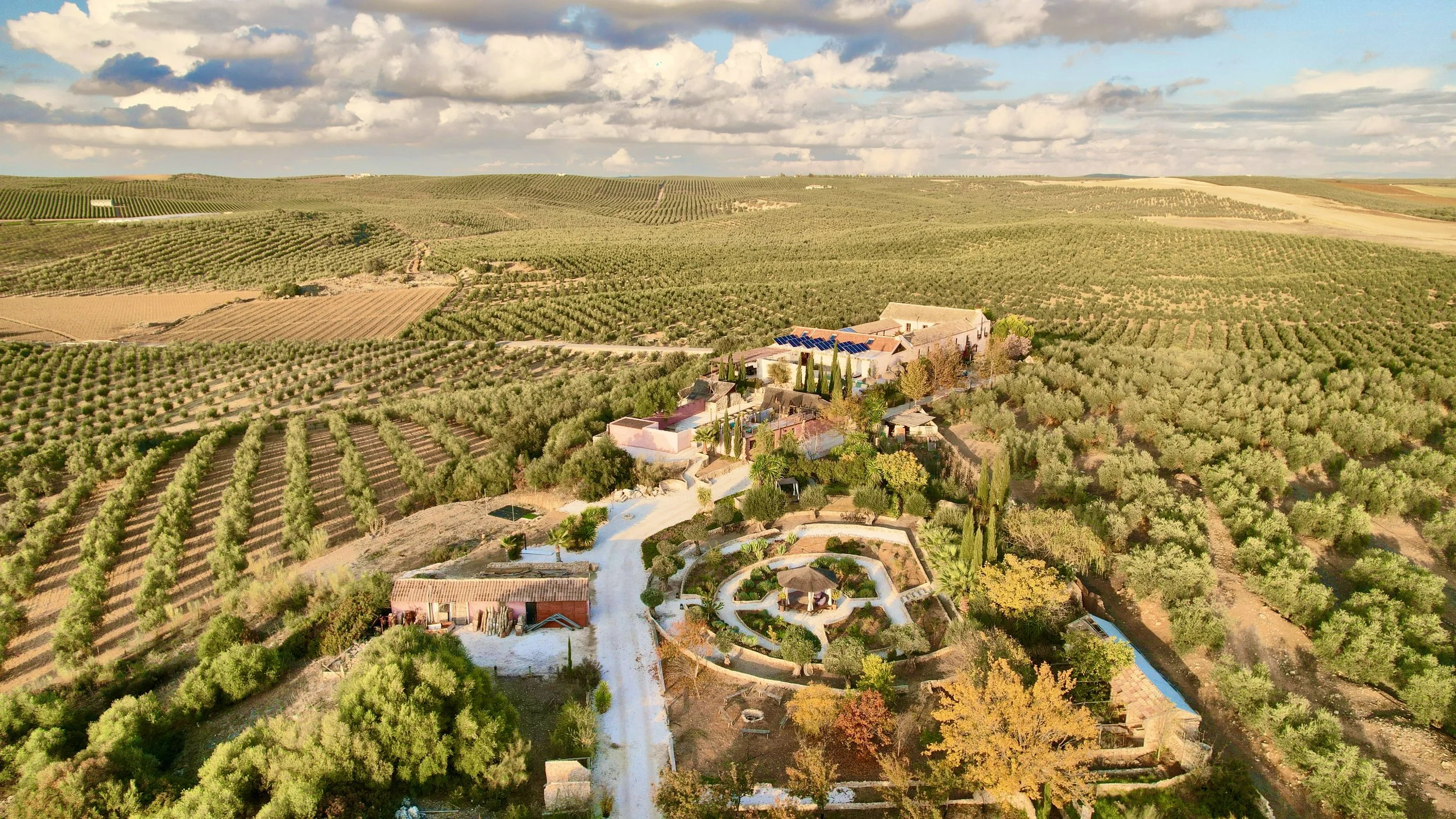 Aerial view of a farm with green fields, orchards, and a central estate with gardens and trees under a partly cloudy sky.