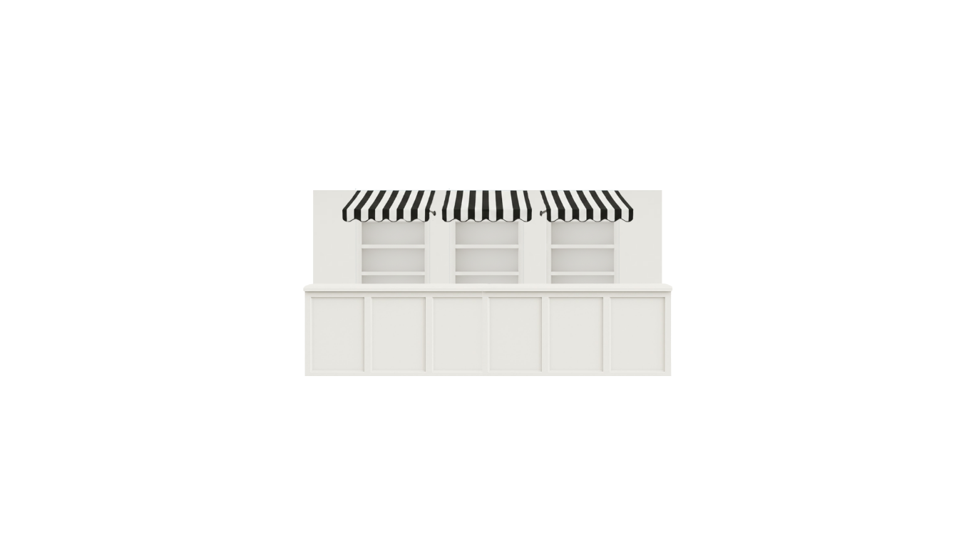 12' Bar with Bar Back Shelving and Striped Awnings
