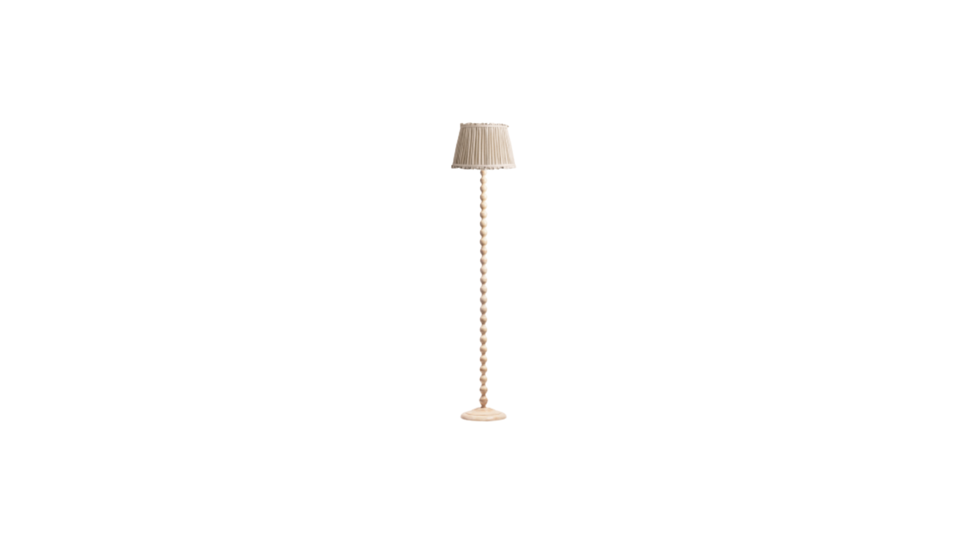 Neutral Bobbin Floor Lamp with Natural Ruffle Edge Shade
