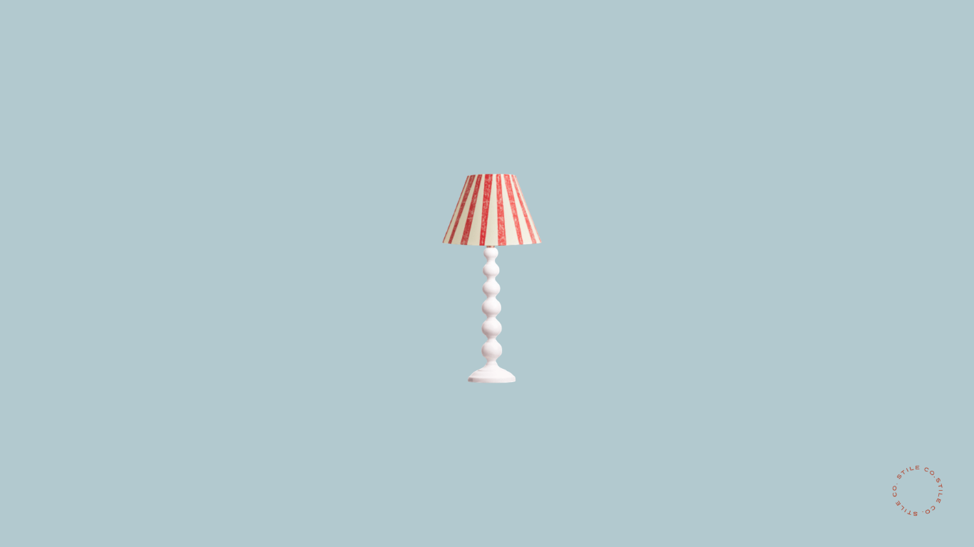 White Wood Table Lamp with Red Striped Shade