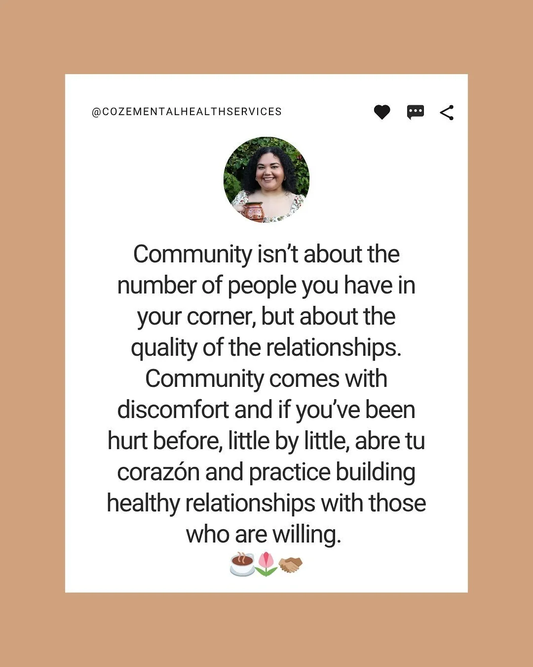 Buenos d&iacute;as! Good morning! ☀️☕️Building community takes time, patience, and mutual work. I hope these reflections prompts help validate and challenge you.🤎
&bull;
#mentalhealth #selfcare #community #latinx #latina #latinatherapist #rgv #texas