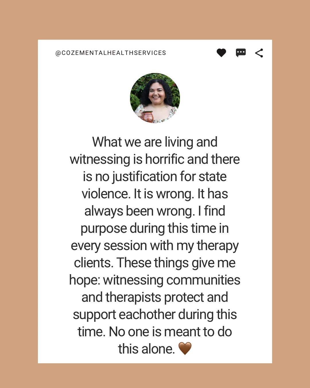 Hola comunidad, Hi everyone. 🤎🫂 What this country was founded on has always been wrong and I am looking forward and hope for the day this oppressive system is dismantled, burnt to the ground, and recreated to serve everyone&rsquo;s health. If we&rs