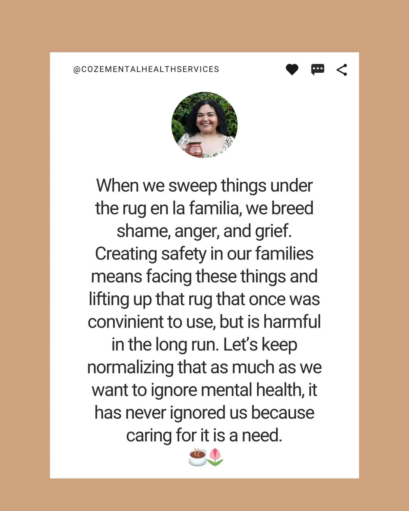 Buenos d&iacute;as comunidad! I want to take a moment to celebrate everyone who has taken steps in caring for their mental health, especially during a time when it&rsquo;s incredibly hard to do. 🤎 
&bull;
#mentalhealth #latina #latinatherapist #self