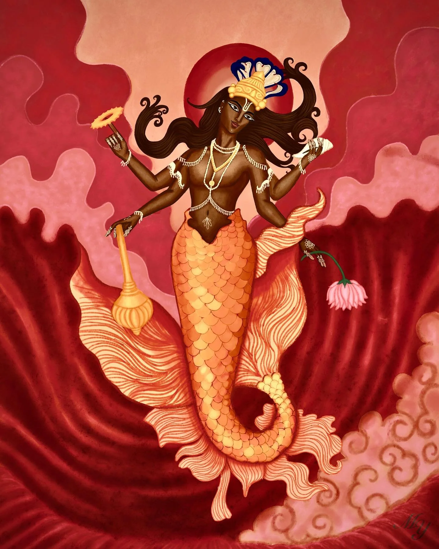 Matsyavatar 🌊

Original digital artwork

Matsya&mdash; Fish in Sanskrit was the first Avatar of Vishnu in Hinduism.

Along with Brahma, the creator and Shiva, the destroyer, Lord Vishnu is one of the three main male deities in Hinduism and they are 